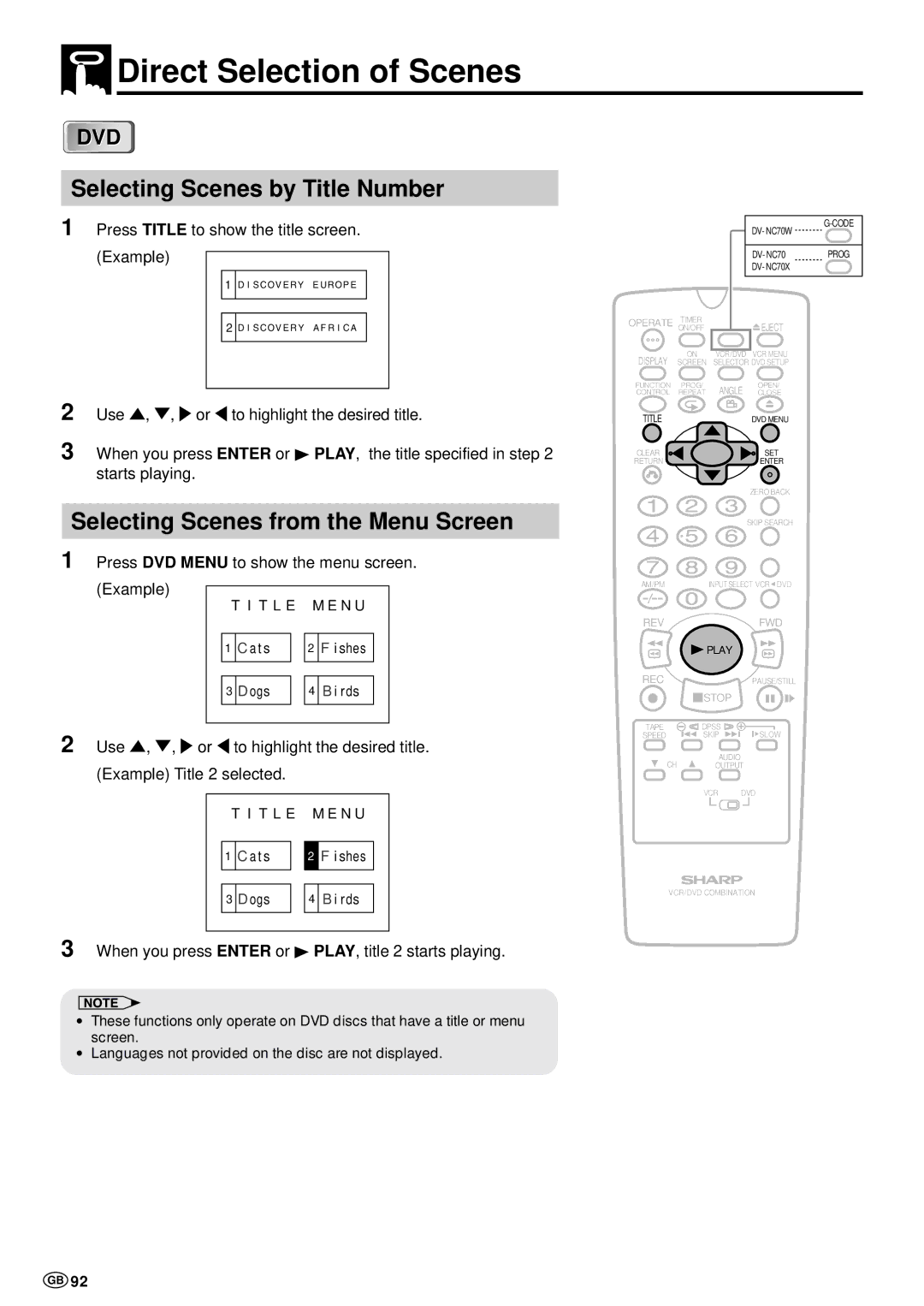 Sharp DV-NC70 and DV-NC70X, DV-NC70W operation manual Selecting Scenes from the Menu Screen 