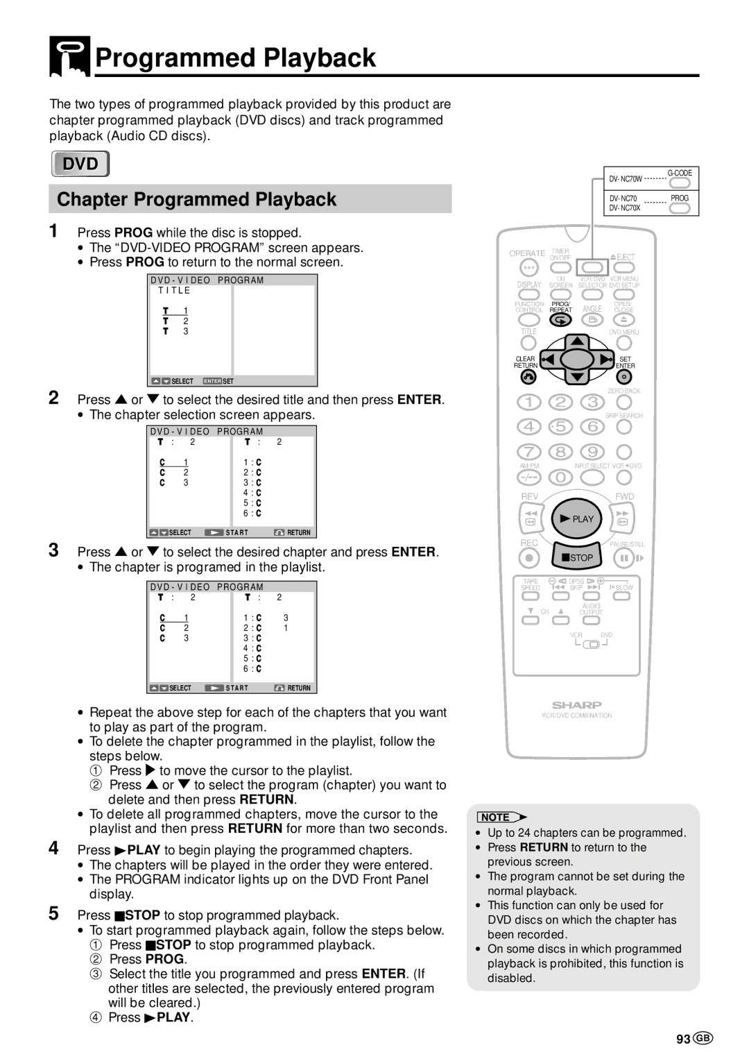 Sharp DV-NC70W, DV-NC70 and DV-NC70X operation manual Chapter Programmed Playback, 93 GB, Will be cleared Press ûPLAY 