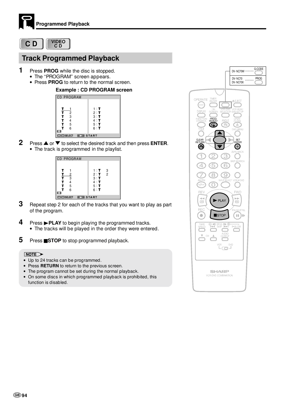 Sharp DV-NC70 and DV-NC70X, DV-NC70W operation manual Track Programmed Playback, Example CD Program screen 