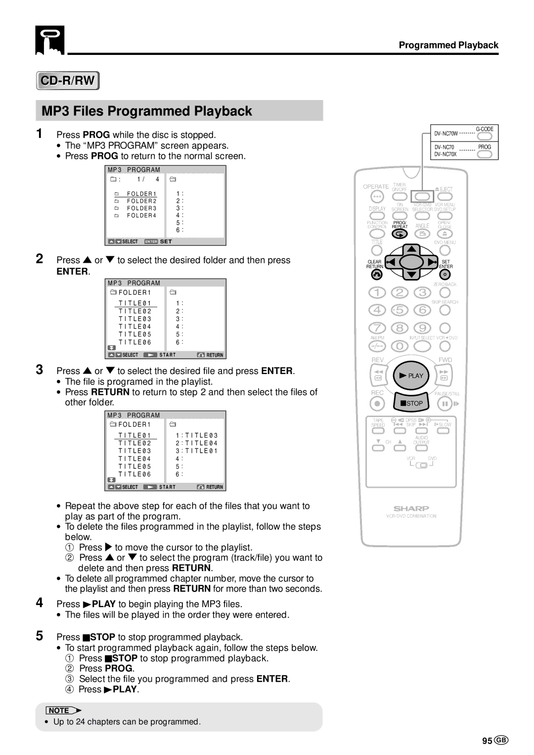 Sharp DV-NC70W operation manual MP3 Files Programmed Playback, 95 GB, Press or to select the desired folder and then press 