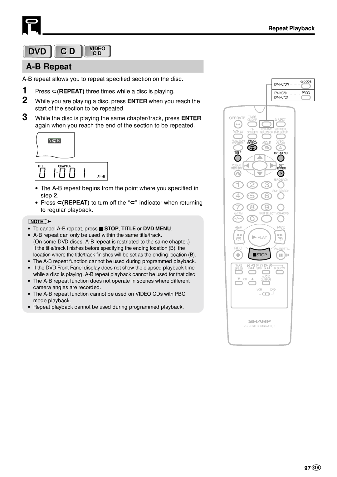 Sharp DV-NC70W, DV-NC70 and DV-NC70X operation manual DVD C D Repeat, 97 GB 