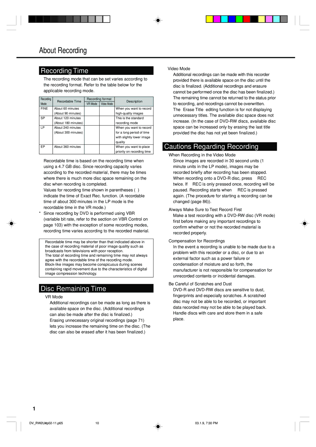 Sharp DV-RW2U manual About Recording, Recording Time, Disc Remaining Time 