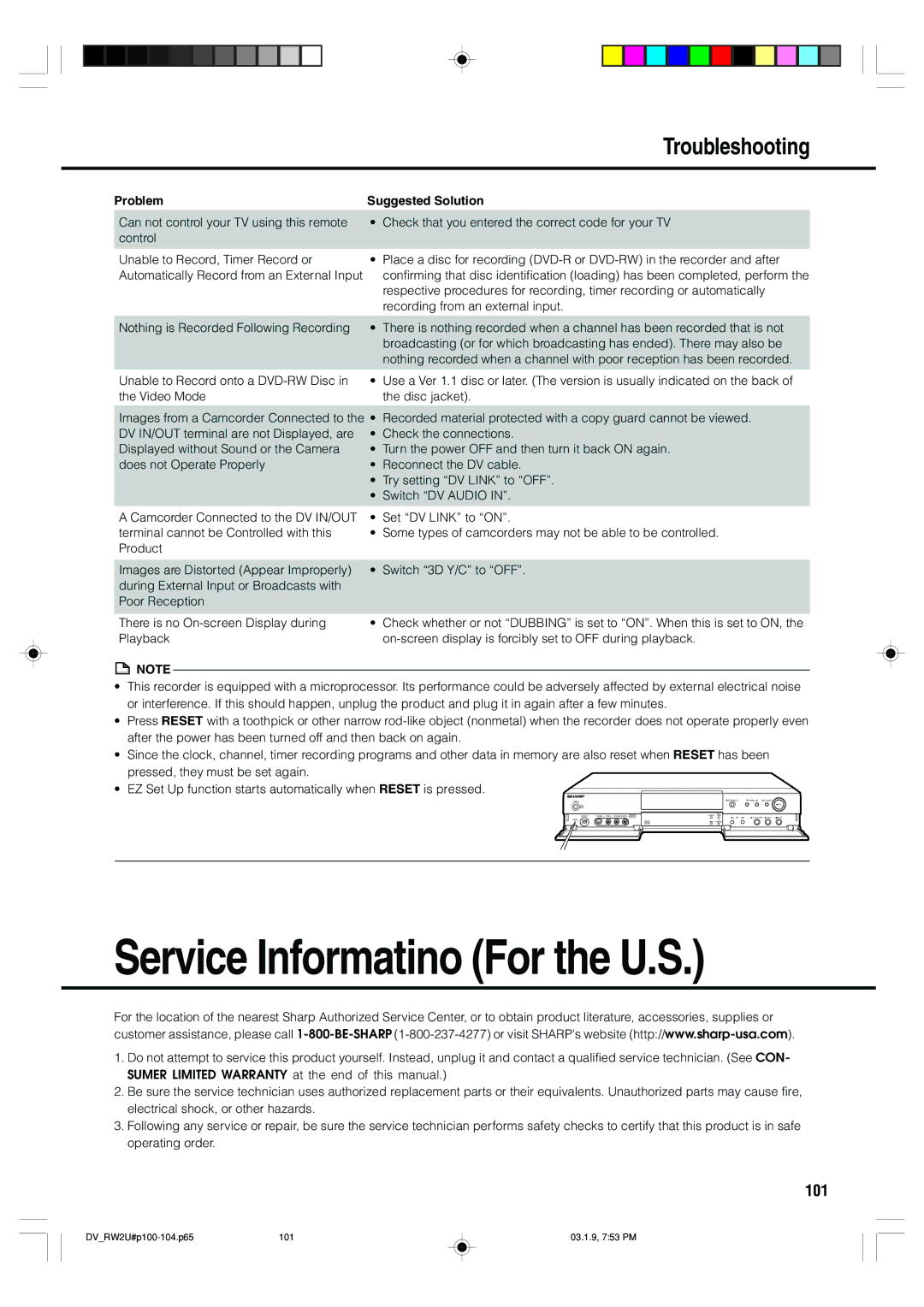 Sharp DV-RW2U manual Service Informatino For the U.S, Troubleshooting 