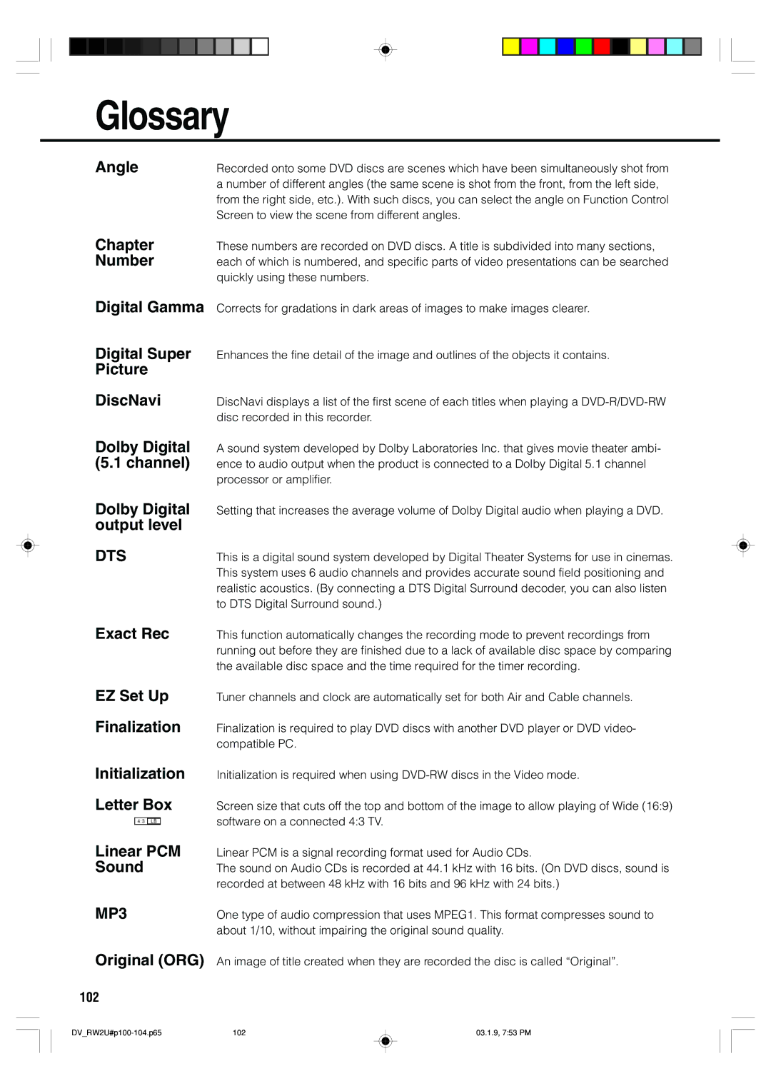 Sharp DV-RW2U manual Glossary, Angle 