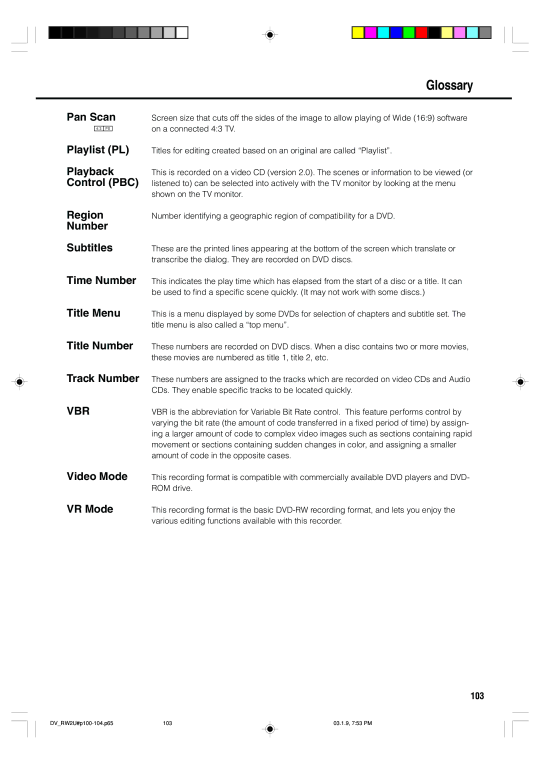 Sharp DV-RW2U manual Glossary, 103 