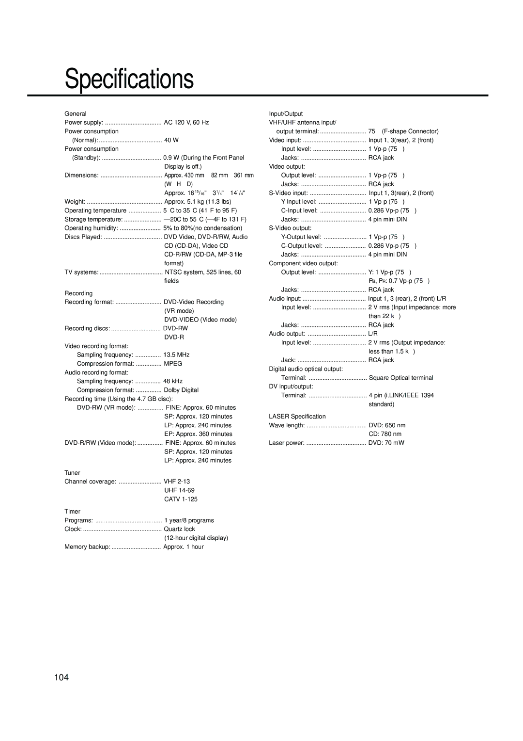 Sharp DV-RW2U manual Specifications, General 