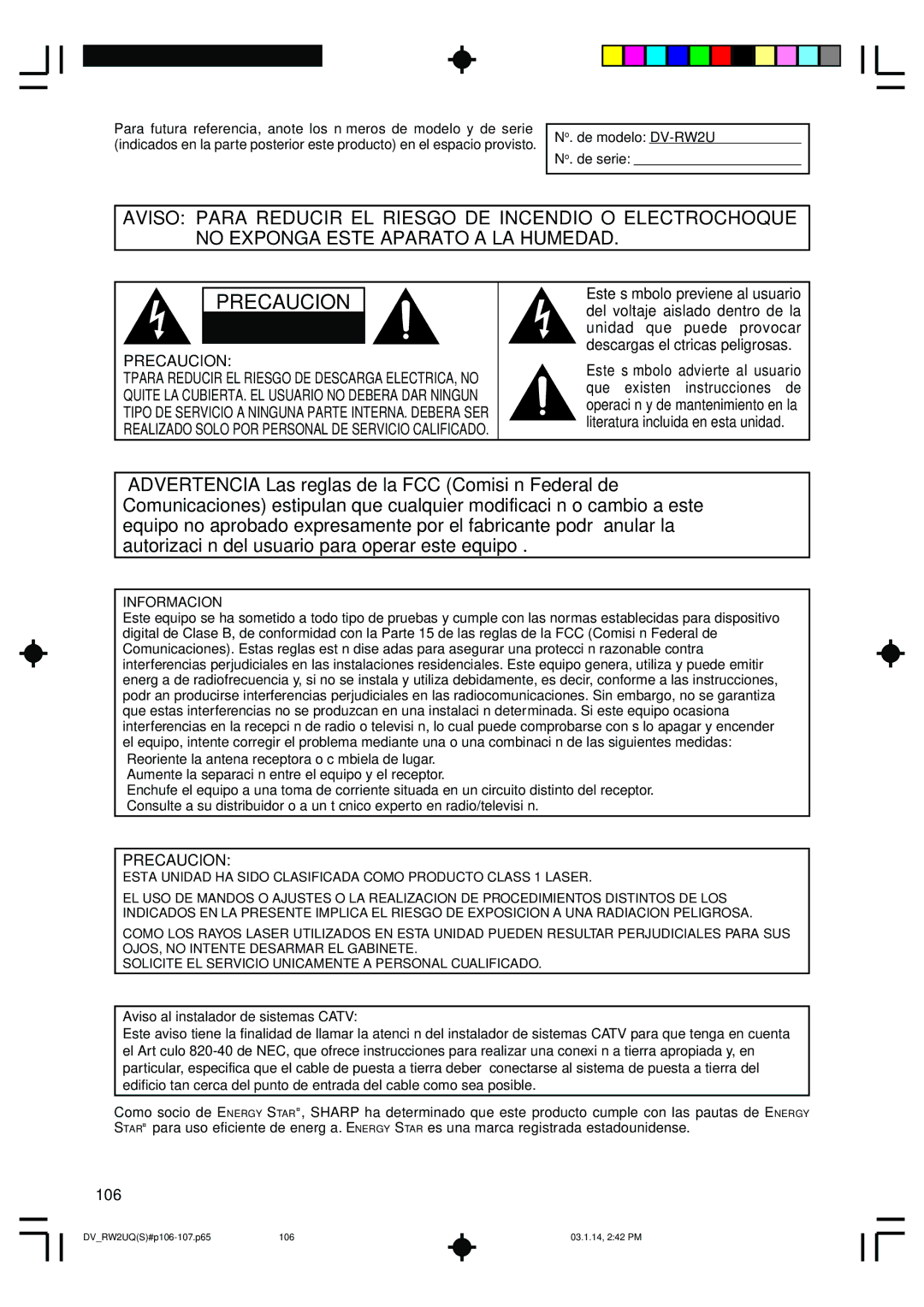 Sharp DV-RW2U manual 106, Informacion, Aviso al instalador de sistemas Catv 