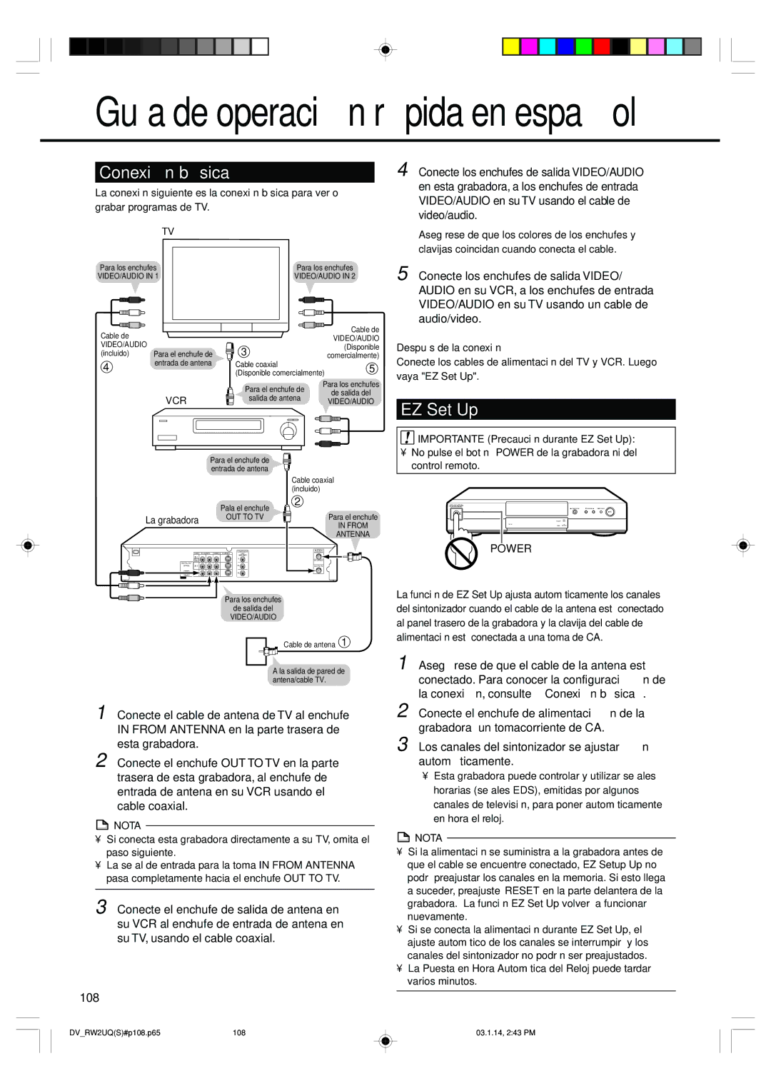 Sharp DV-RW2U manual Conexión básica, EZ Set Up, 108, Nota 