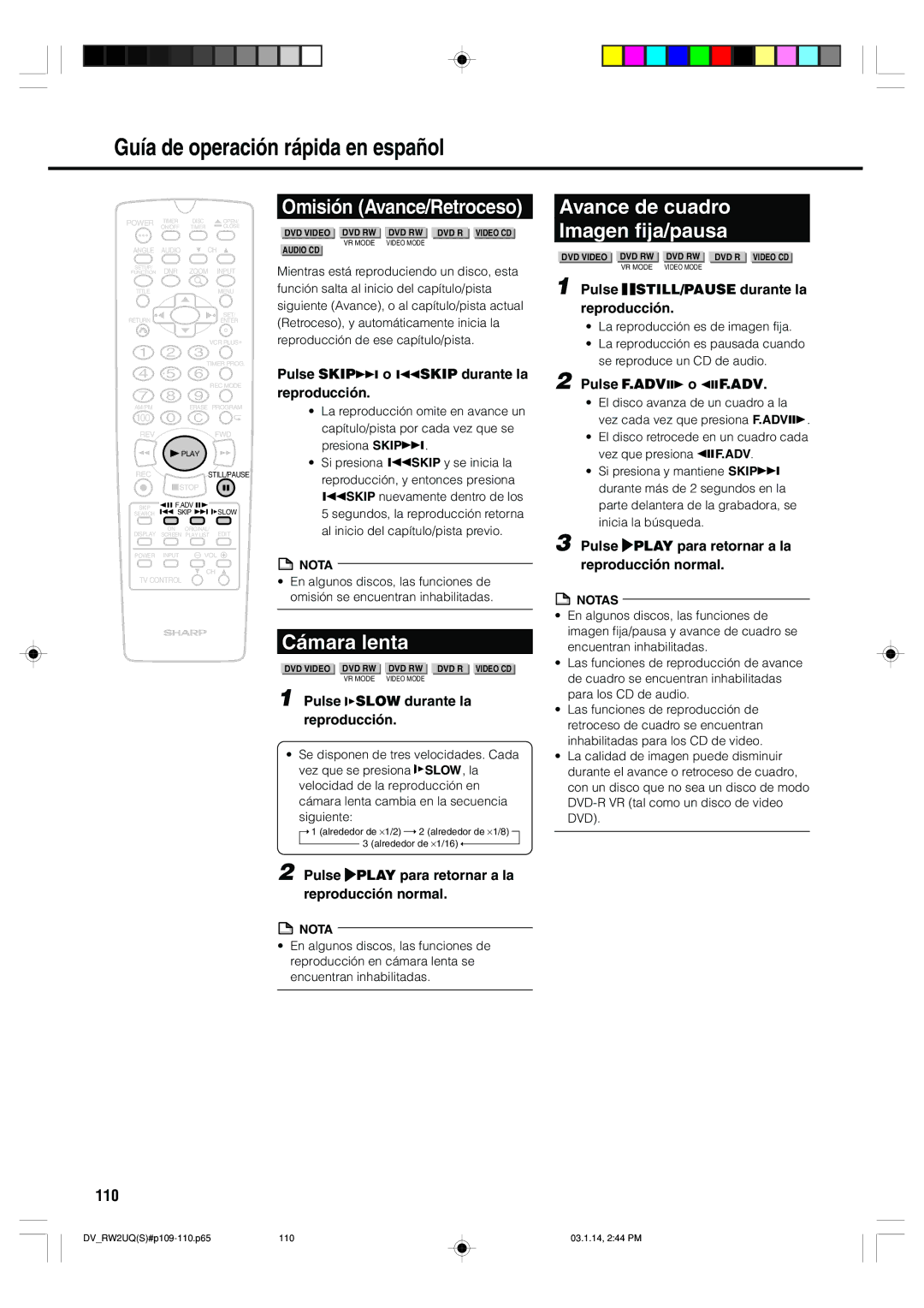 Sharp DV-RW2U manual Omisión Avance/Retroceso, Avance de cuadro Imagen fija/pausa, Cámara lenta, 110 