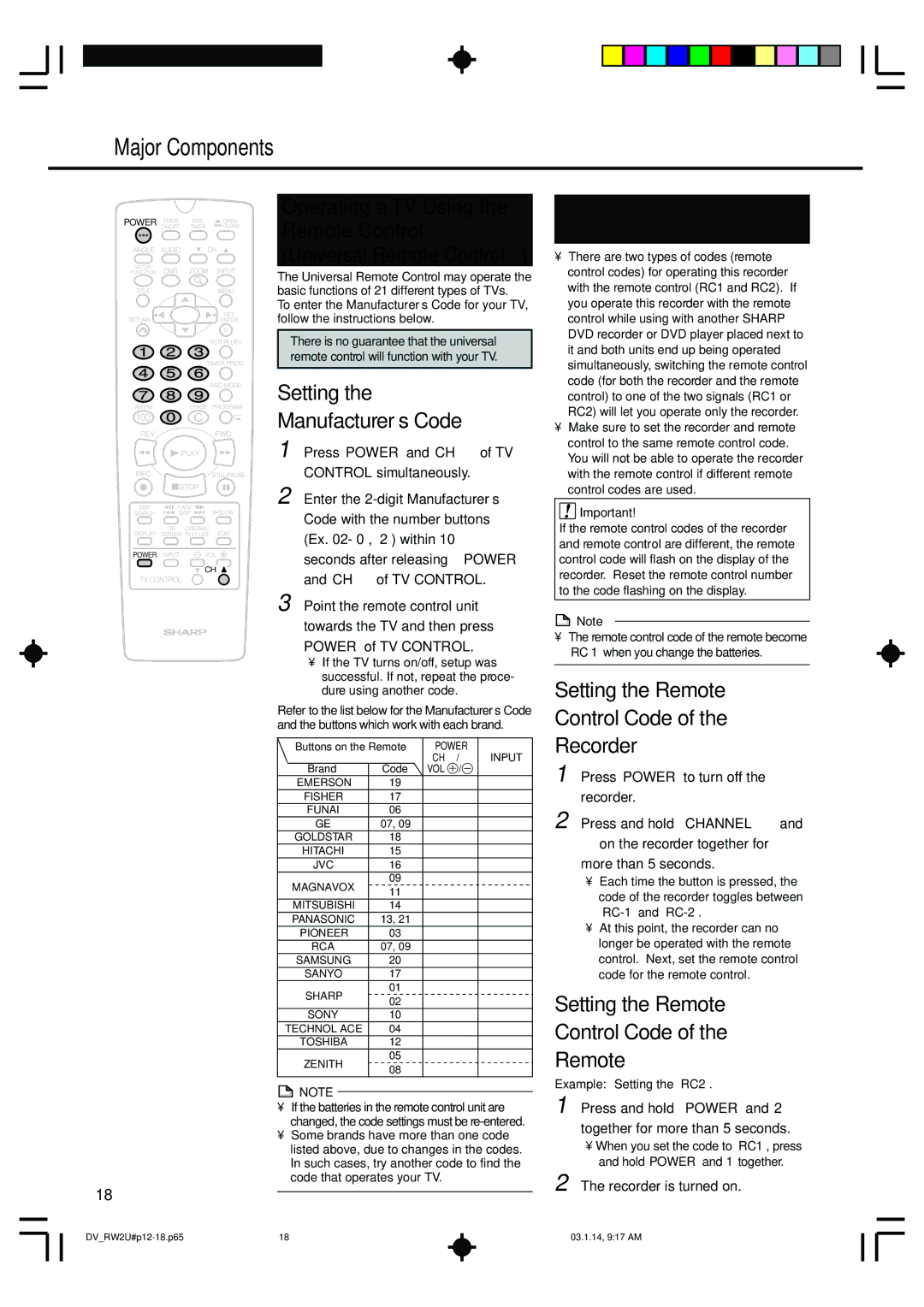 Sharp DV-RW2U manual Setting the Manufacturer’s Code, Setting the Remote, Control Code of the Recorder 