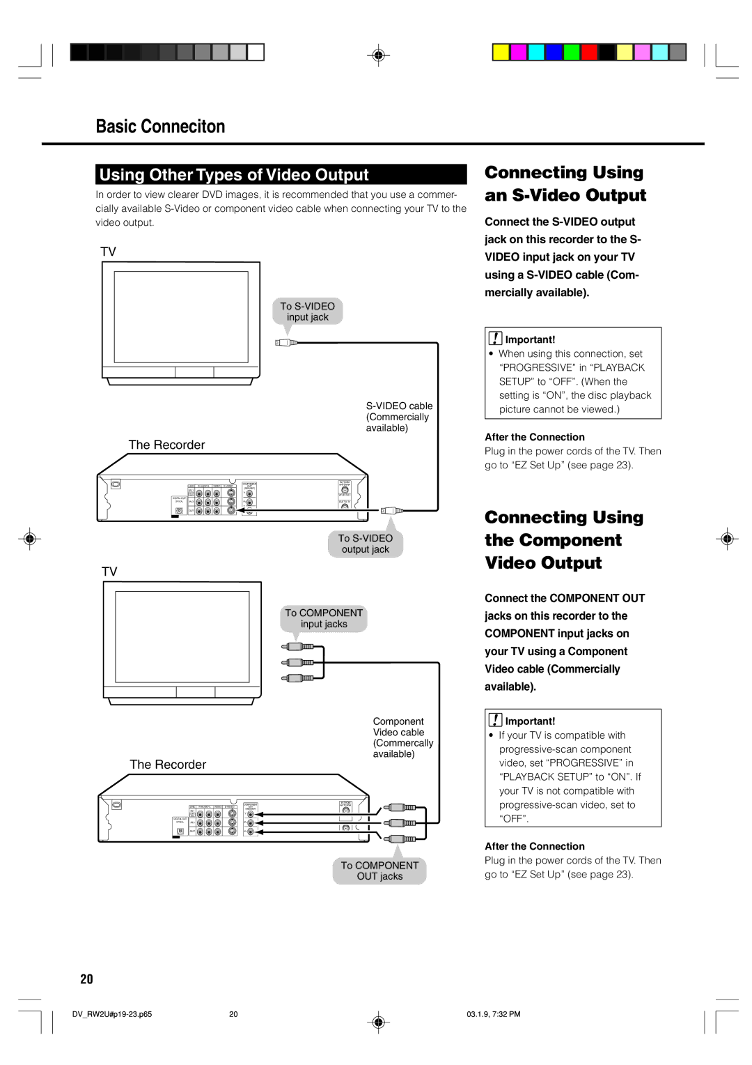 Sharp DV-RW2U manual Basic Conneciton, Connecting Using an S-Video Output, Connecting Using Component Video Output 