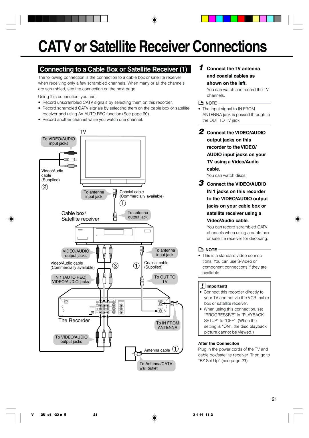 Sharp DV-RW2U Connecting to a Cable Box or Satellite Receiver, Connect the TV antenna Coaxial cables as Shown on the left 