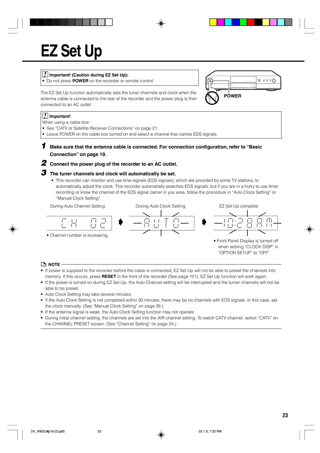 Sharp DV-RW2U manual Important! Caution during EZ Set Up, Power 