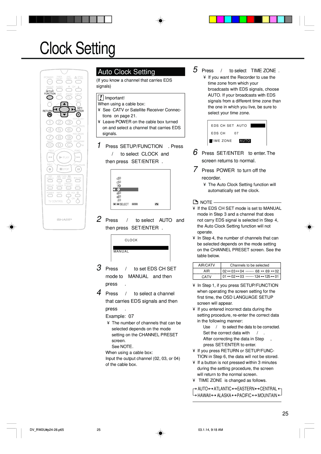 Sharp DV-RW2U manual Auto Clock Setting, Press / to select Auto and then press SET/ENTER, Press \ / to select Time Zone 