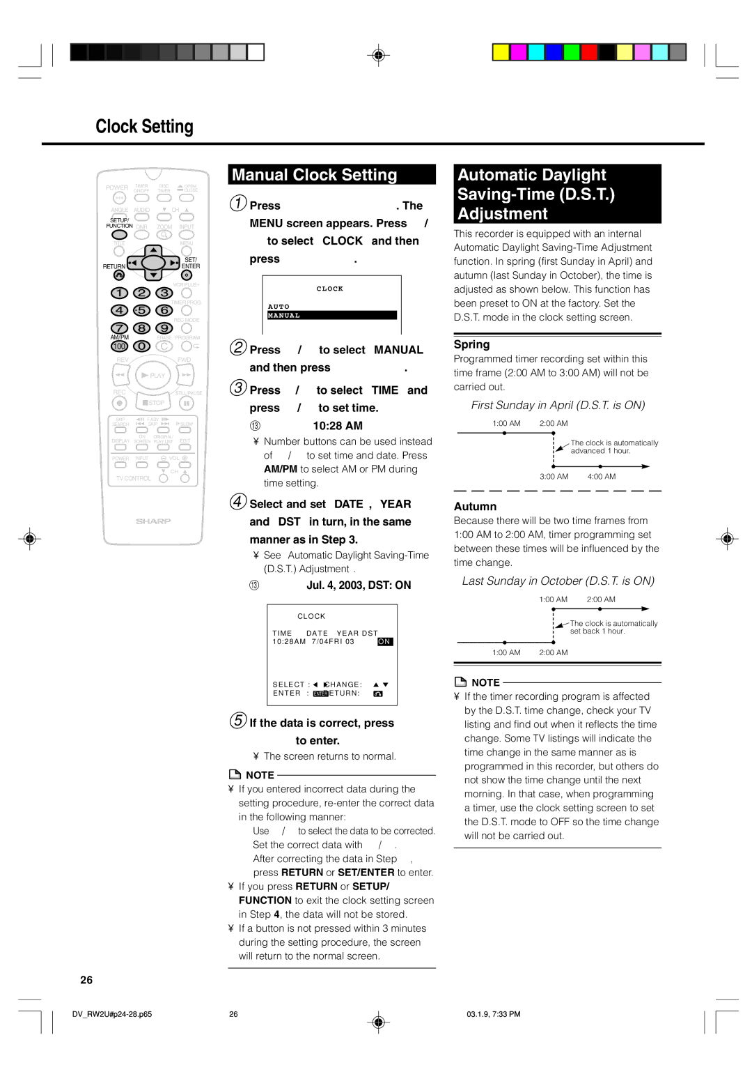 Sharp DV-RW2U manual Manual Clock Setting, Automatic Daylight Saving-Time D.S.T Adjustment 