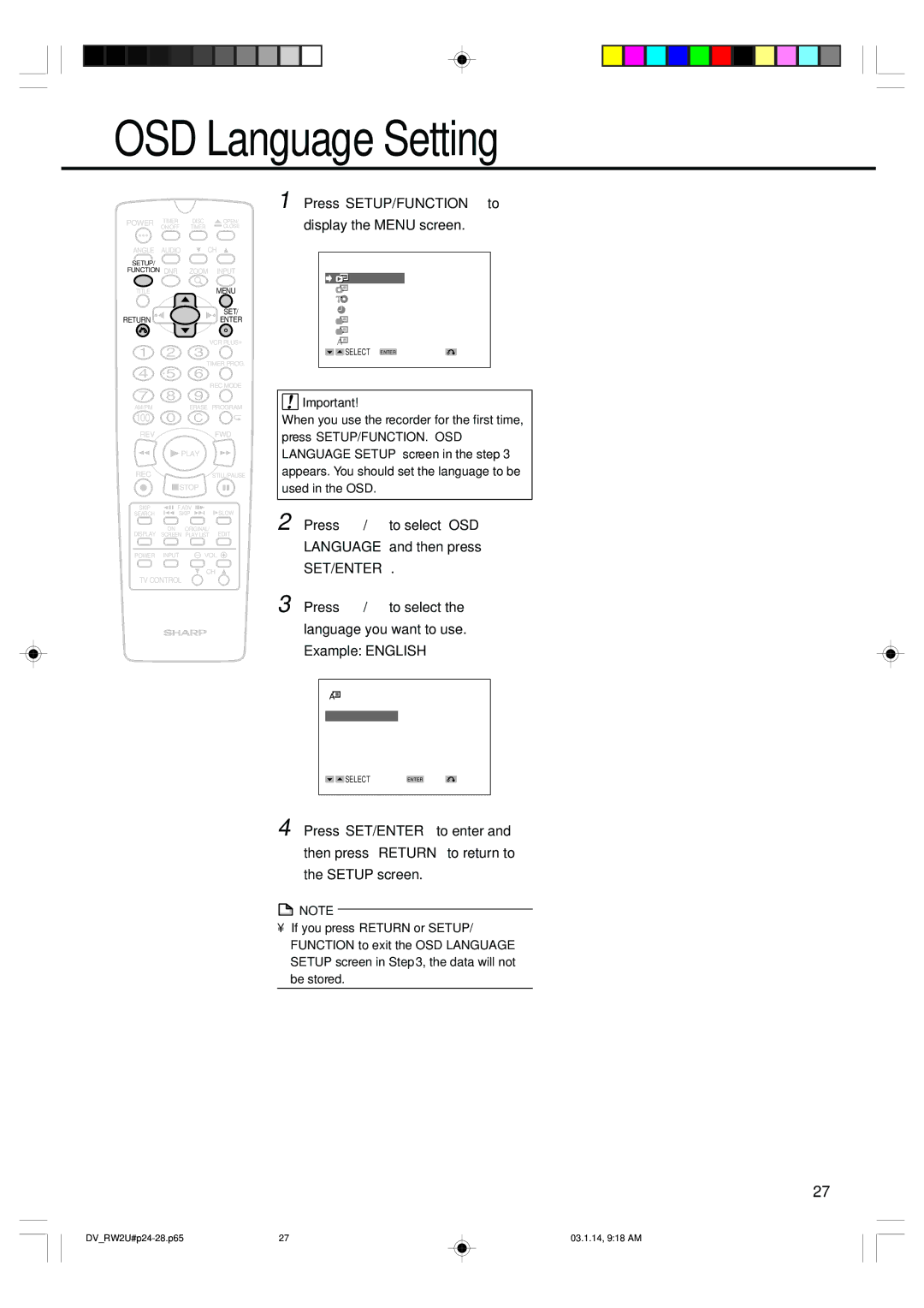 Sharp DV-RW2U manual OSD Language Setting, Press SETUP/FUNCTION to Display the Menu screen 