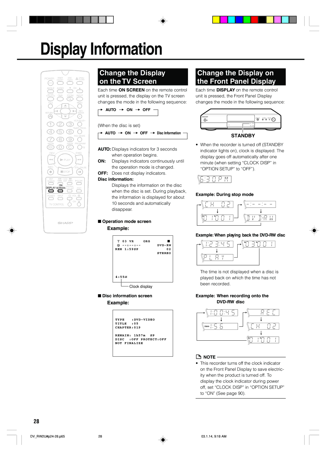 Sharp DV-RW2U manual Display Information, Standby 