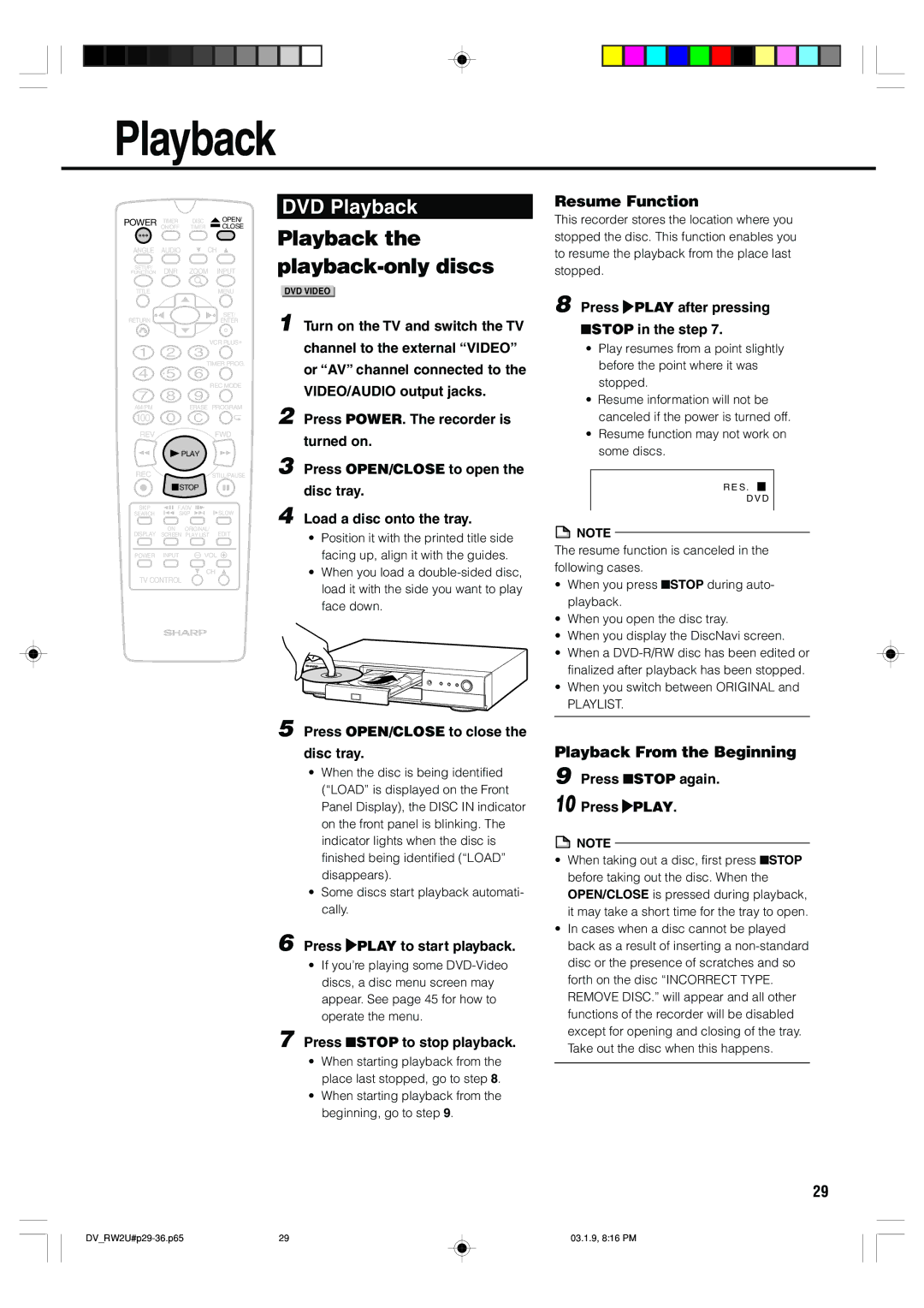 Sharp DV-RW2U manual Playback the playback-only discs, DVD Playback, Resume Function, Playback From the Beginning 