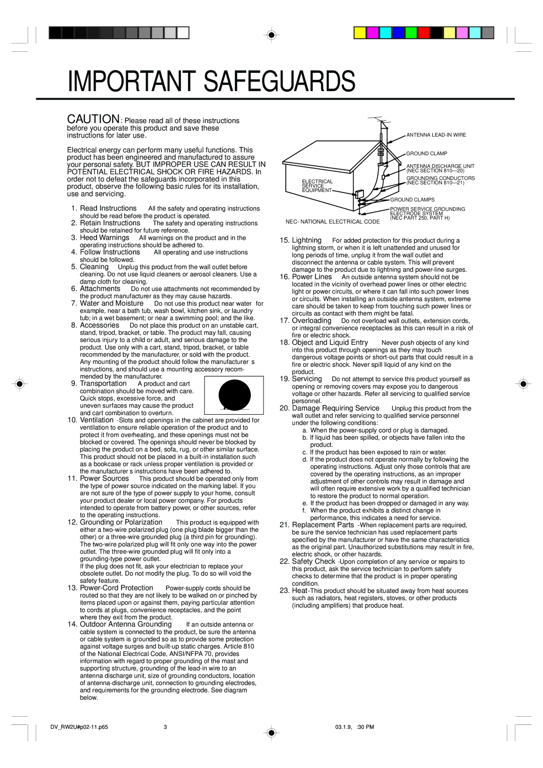 Sharp DV-RW2U manual Important Safeguards 