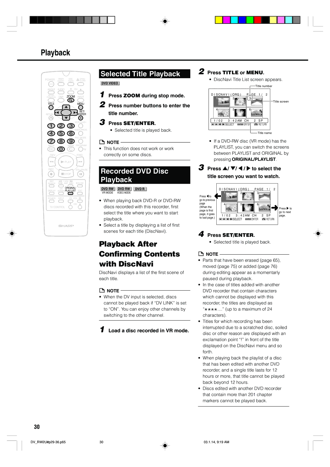 Sharp DV-RW2U manual Playback After Confirming Contents with DiscNavi 