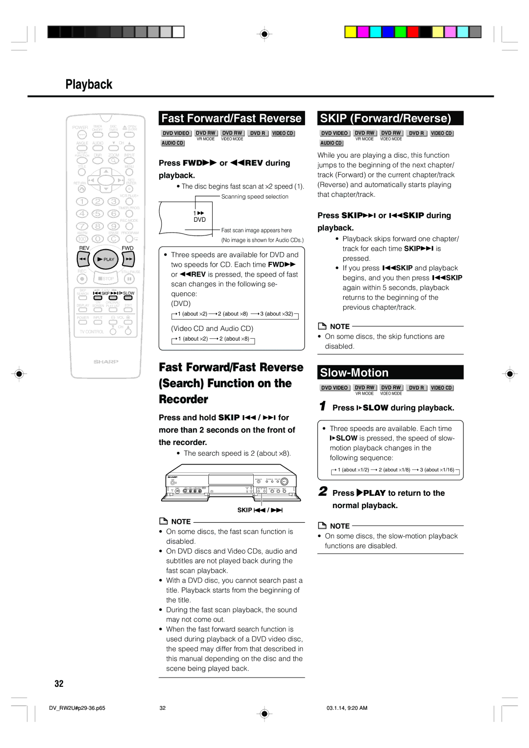 Sharp DV-RW2U manual Fast Forward/Fast Reverse, Skip Forward/Reverse, Slow-Motion 