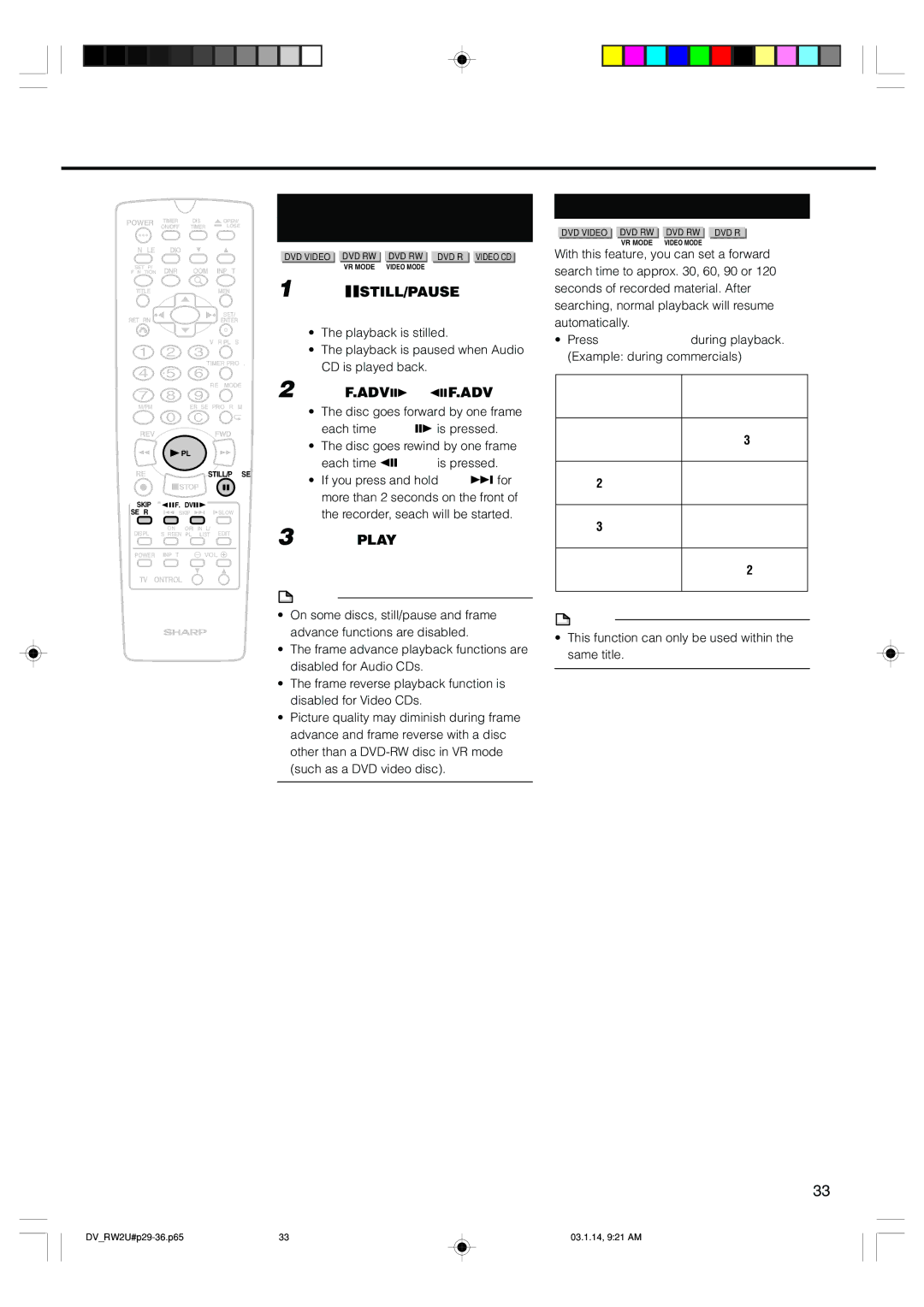 Sharp DV-RW2U manual Still/Pause Frame Advance, Skip Search, Press STILL/PAUSE during Playback, Press F.ADV 