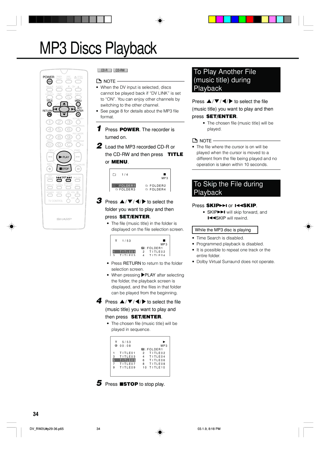 Sharp DV-RW2U manual MP3 Discs Playback, To Play Another File music title during Playback, To Skip the File during Playback 