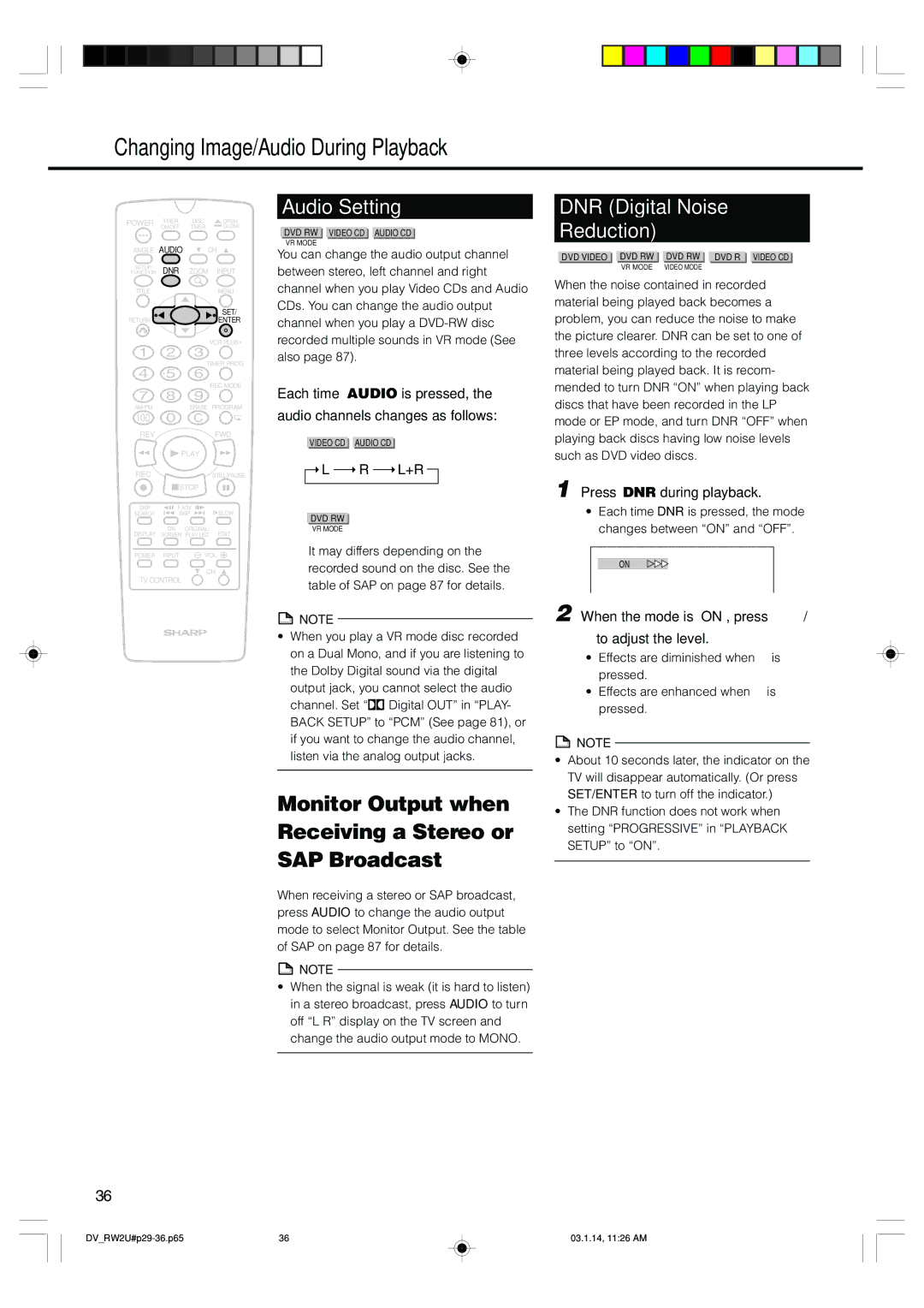 Sharp DV-RW2U Changing Image/Audio During Playback, Monitor Output when Receiving a Stereo or SAP Broadcast, Audio Setting 