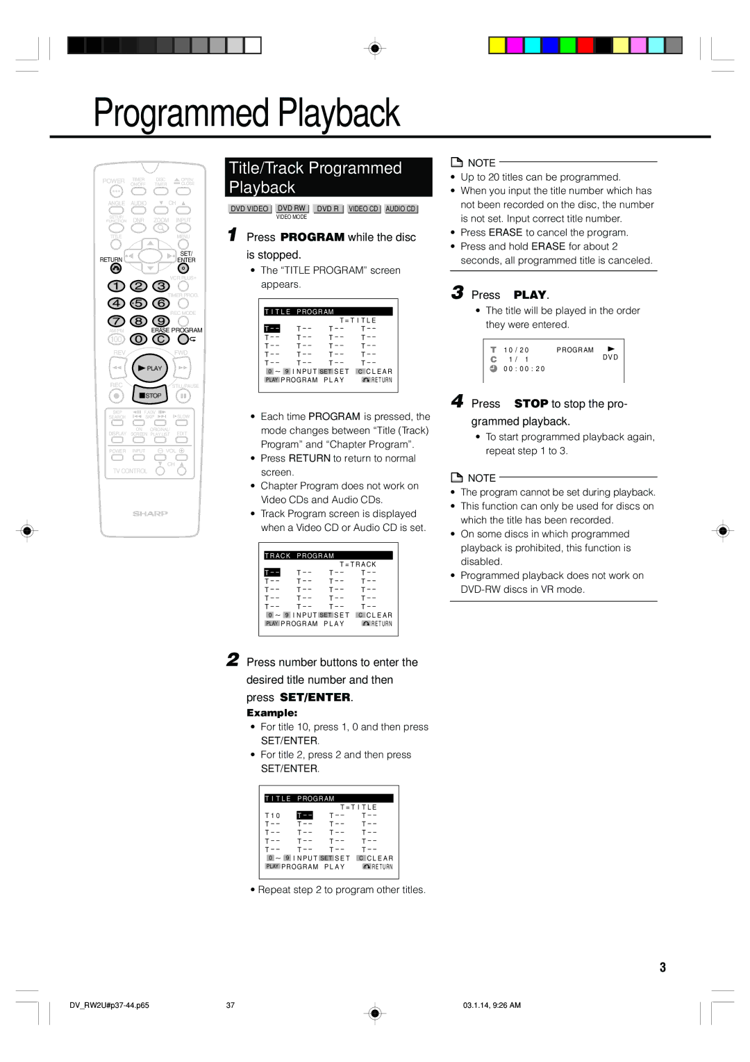 Sharp DV-RW2U manual Title/Track Programmed Playback, Press Program while the disc Is stopped, Example 