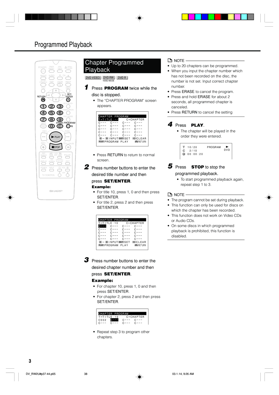 Sharp DV-RW2U manual Chapter Programmed Playback, Press Program twice while Disc is stopped 