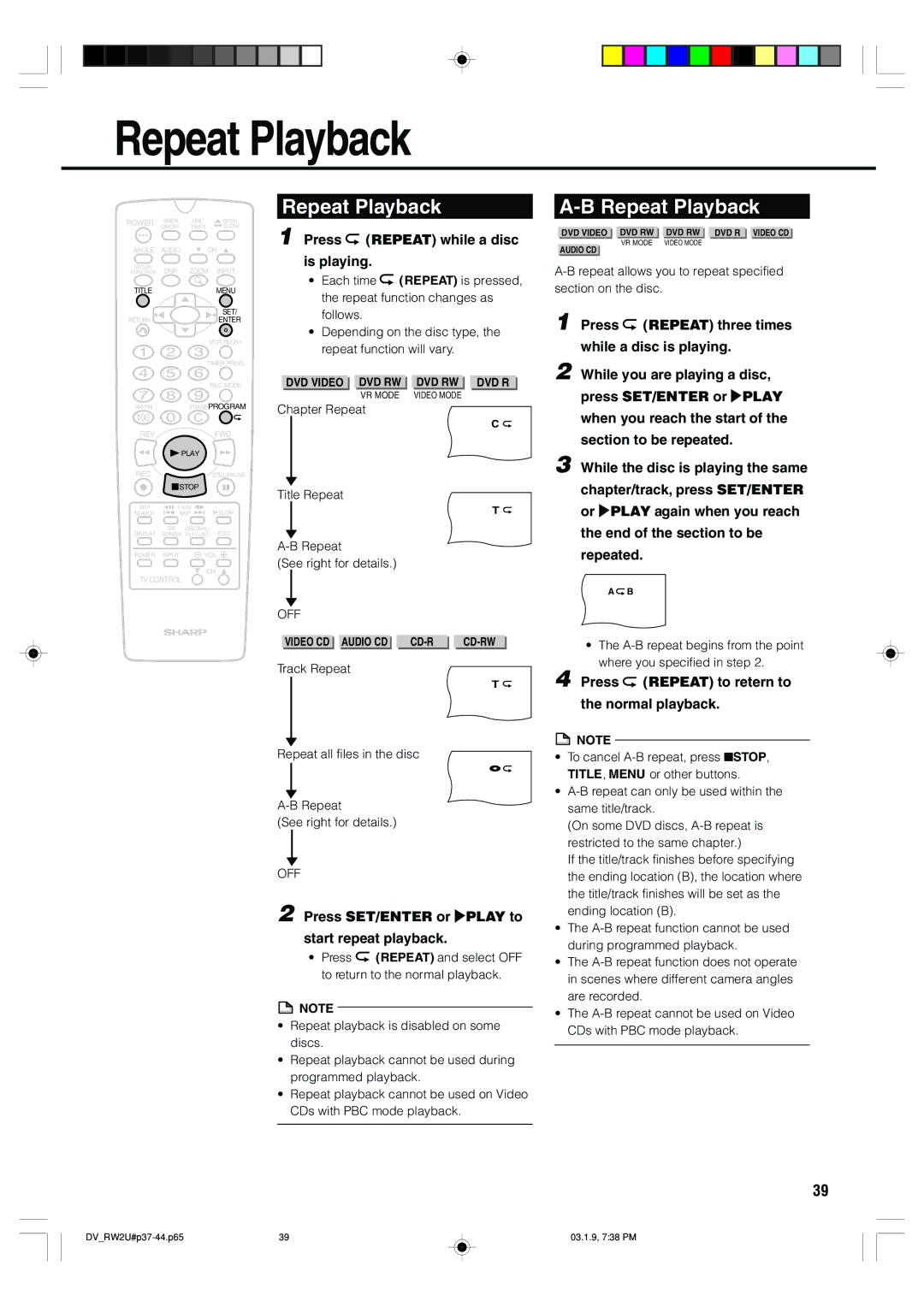 Sharp DV-RW2U manual Repeat Playback 