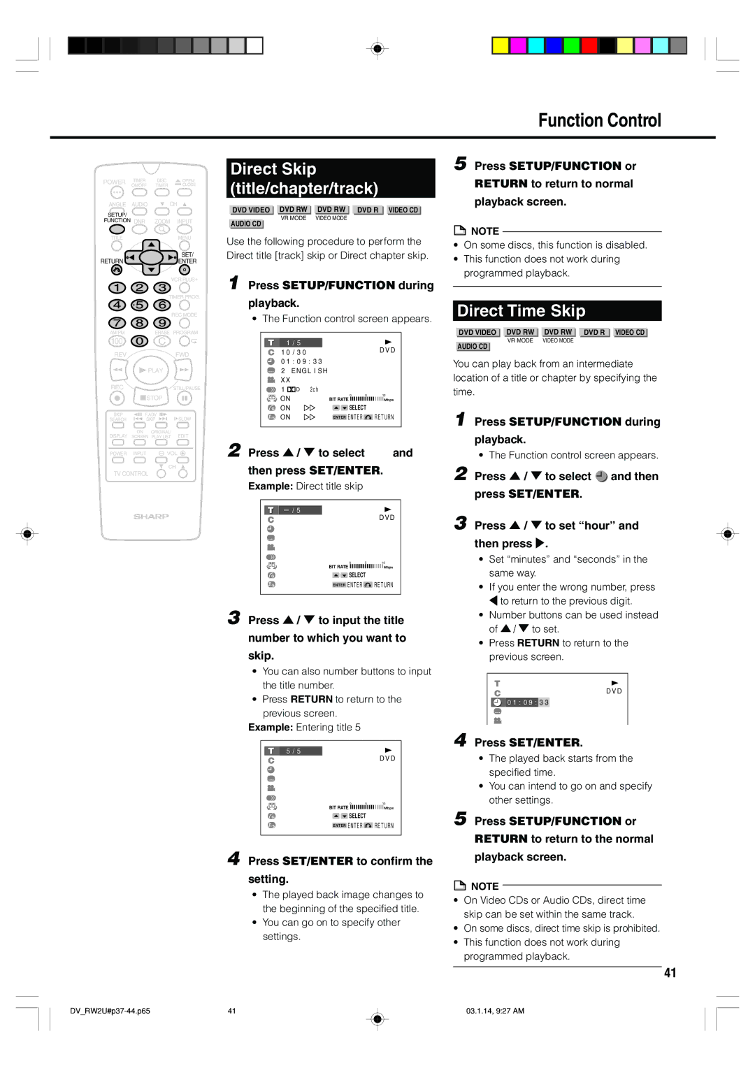 Sharp DV-RW2U manual Function Control, Direct Skip Title/chapter/track, Direct Time Skip 