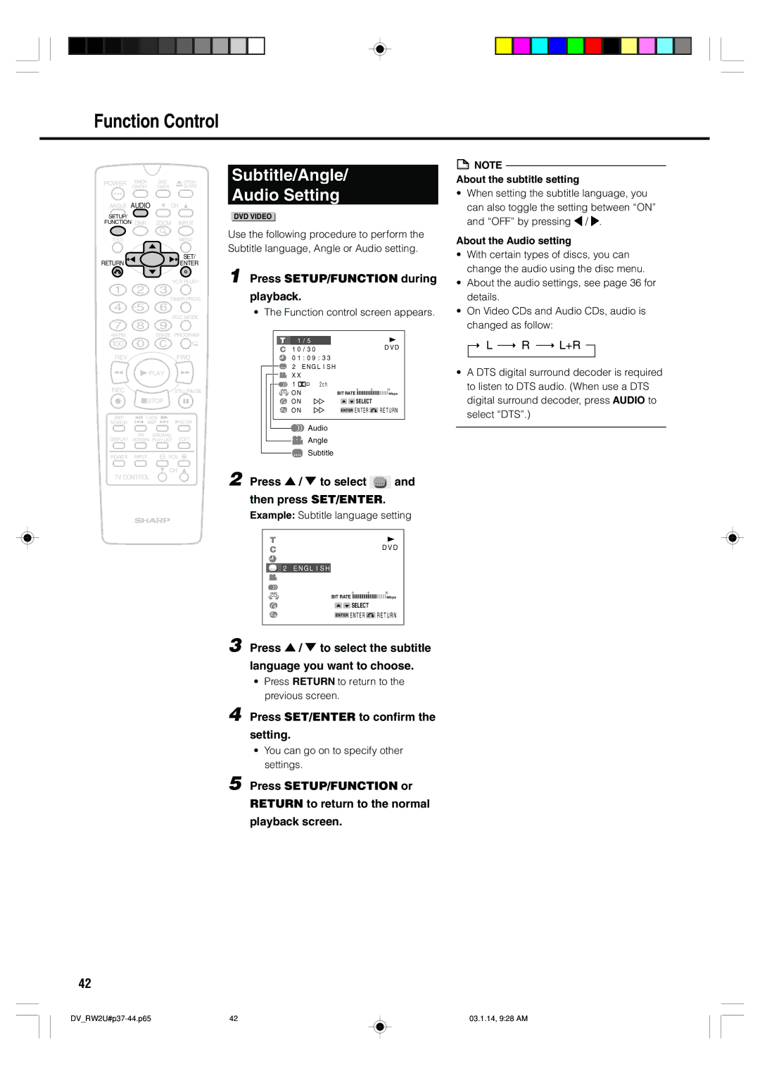 Sharp DV-RW2U manual Subtitle/Angle Audio Setting, Press / to select the subtitle Language you want to choose 