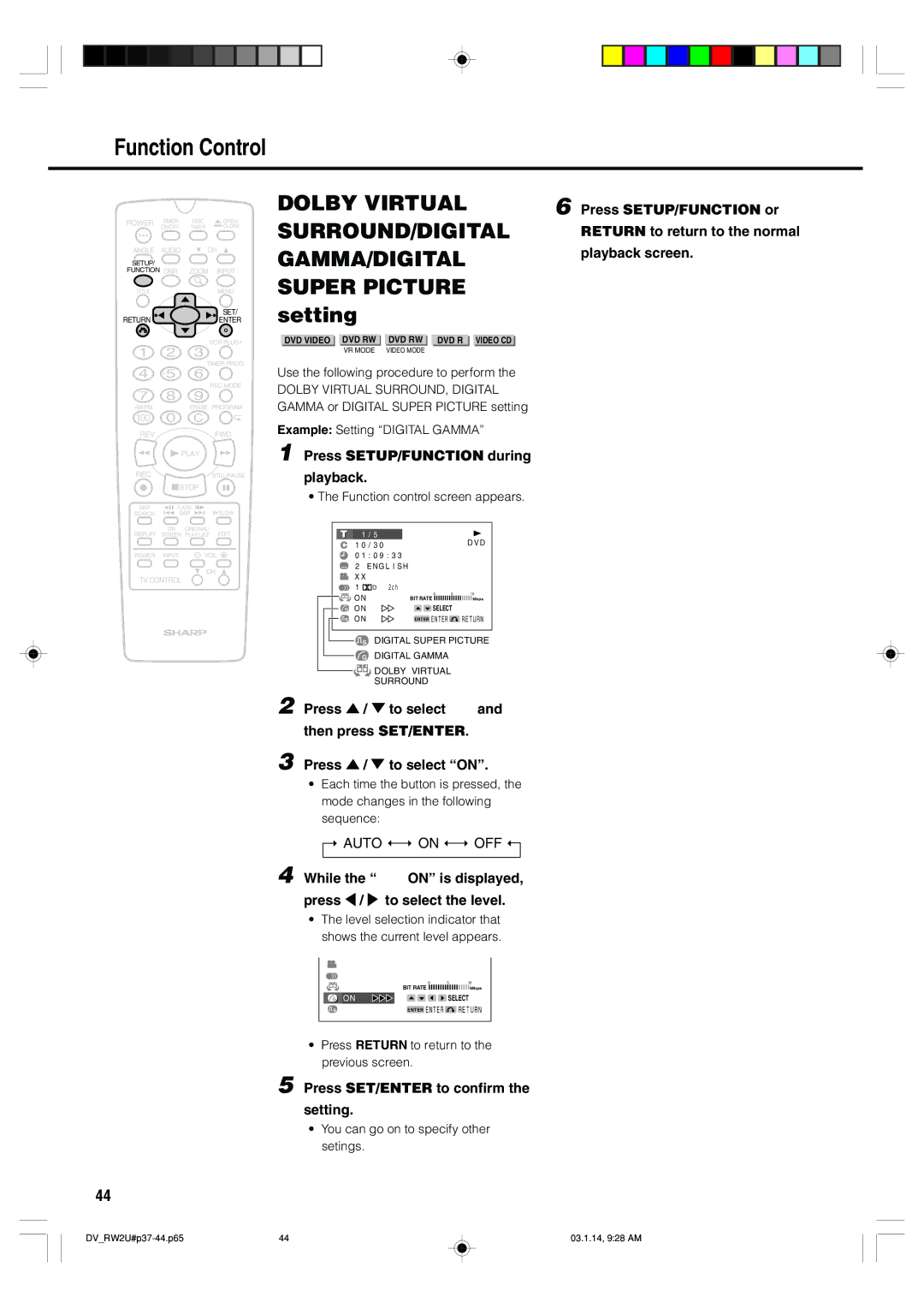 Sharp DV-RW2U manual Press SETUP/FUNCTION or, While the on is displayed, press \ / to select the level 