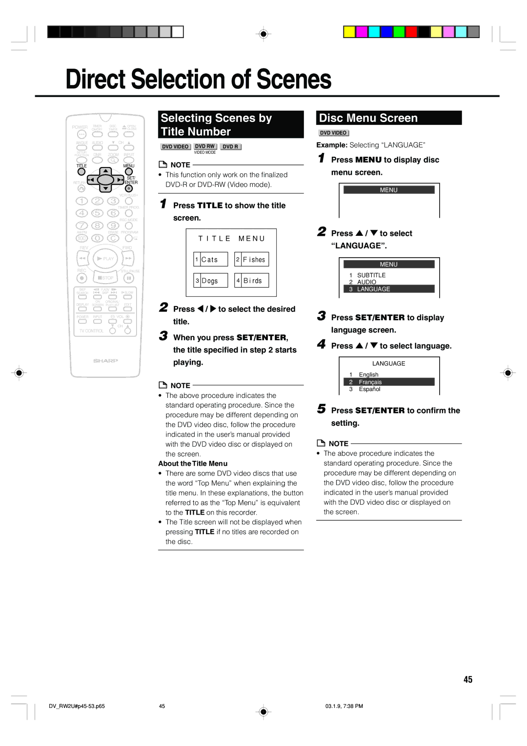 Sharp DV-RW2U manual Direct Selection of Scenes, Selecting Scenes by Title Number, Disc Menu Screen 