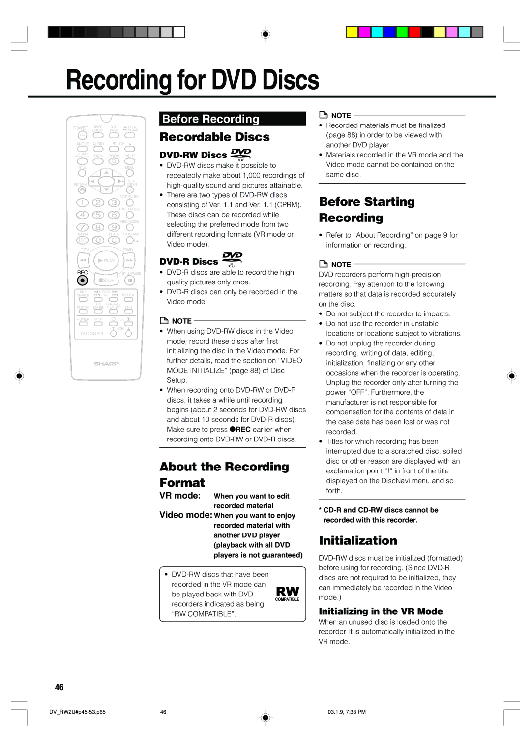 Sharp DV-RW2U manual Recording for DVD Discs, Before Starting Recording, Initialization, Initializing in the VR Mode 