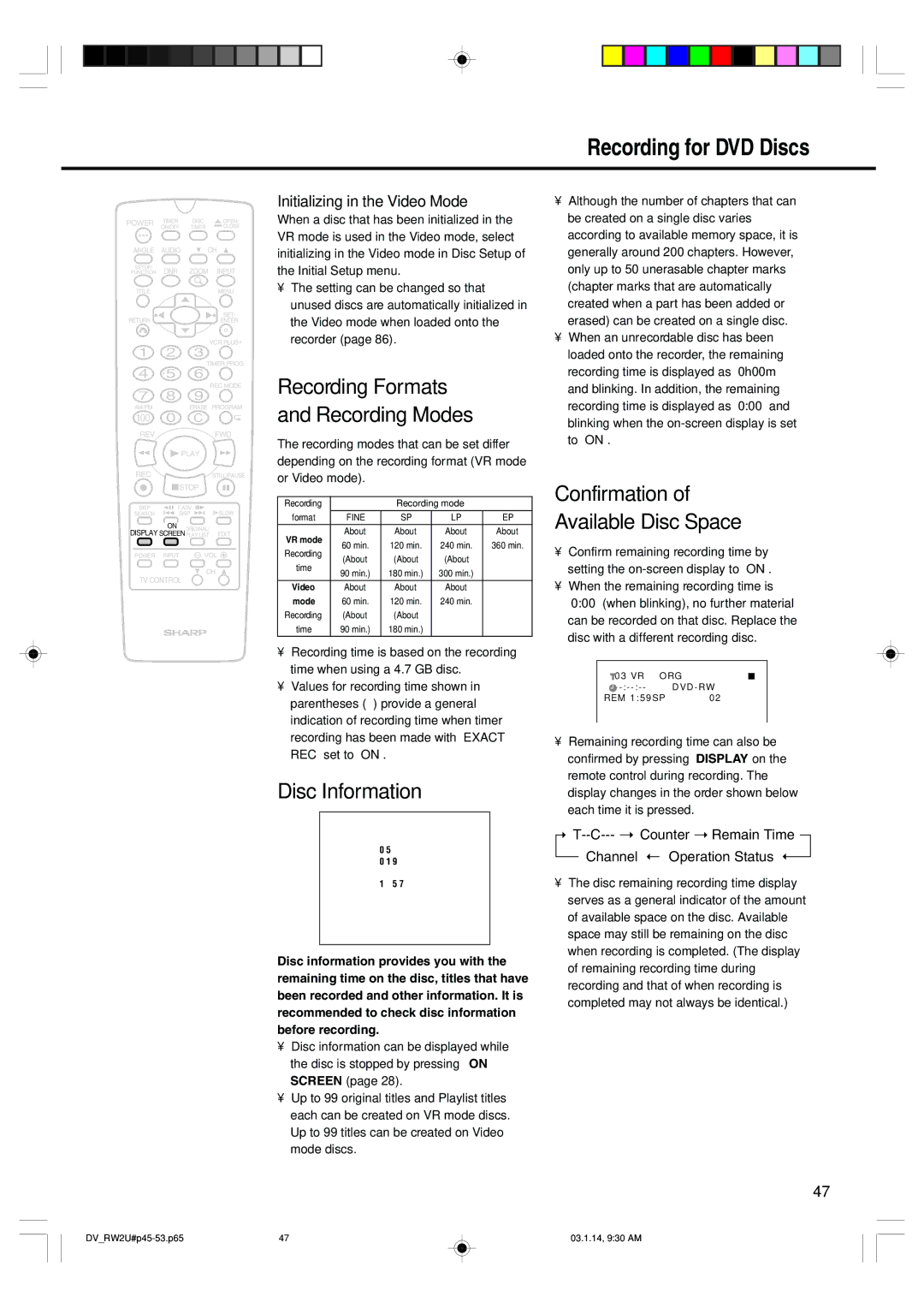 Sharp DV-RW2U manual Recording for DVD Discs, Recording Formats and Recording Modes, Disc Information 