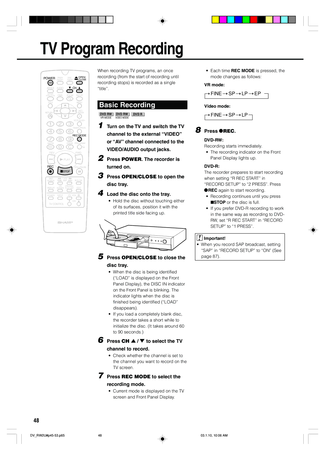 Sharp DV-RW2U manual TV Program Recording, Basic Recording, Press CH / to select the TV Channel to record, Press Ærec 