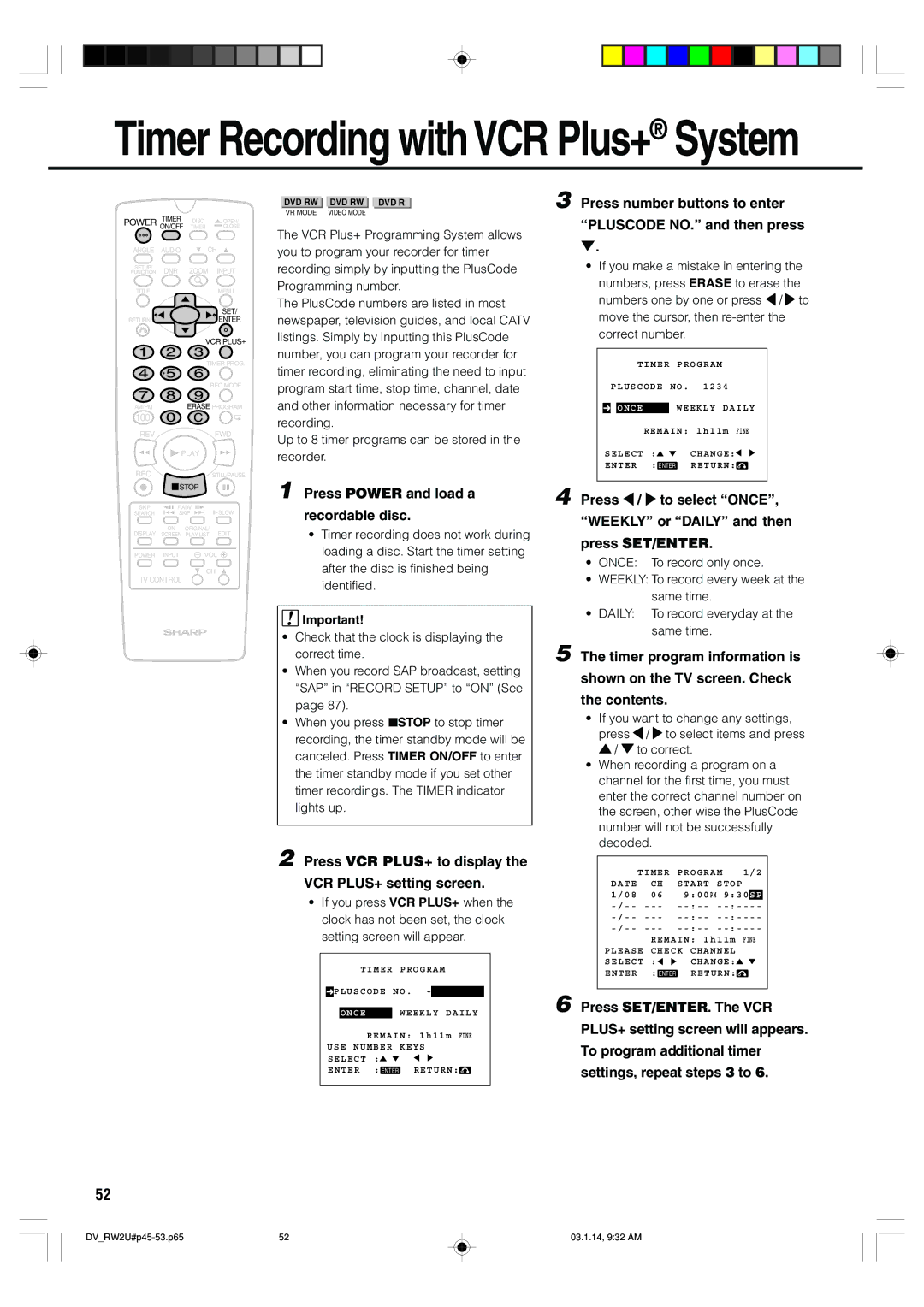 Sharp DV-RW2U manual Press Power and load a Recordable disc, Press VCR PLUS+ to display VCR PLUS+ setting screen 