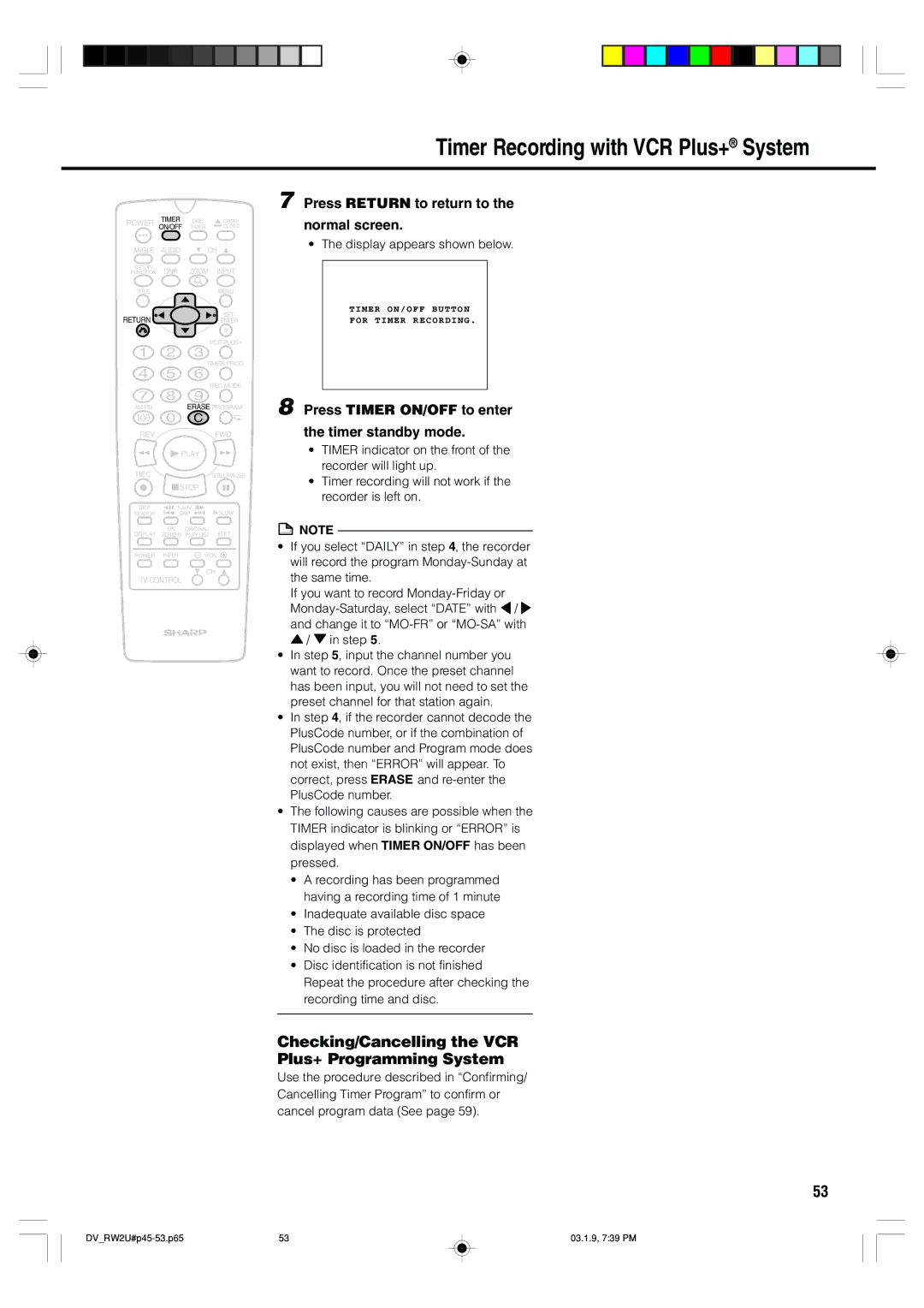 Sharp DV-RW2U manual Timer Recording with VCR Plus+ System, Checking/Cancelling the VCR Plus+ Programming System 