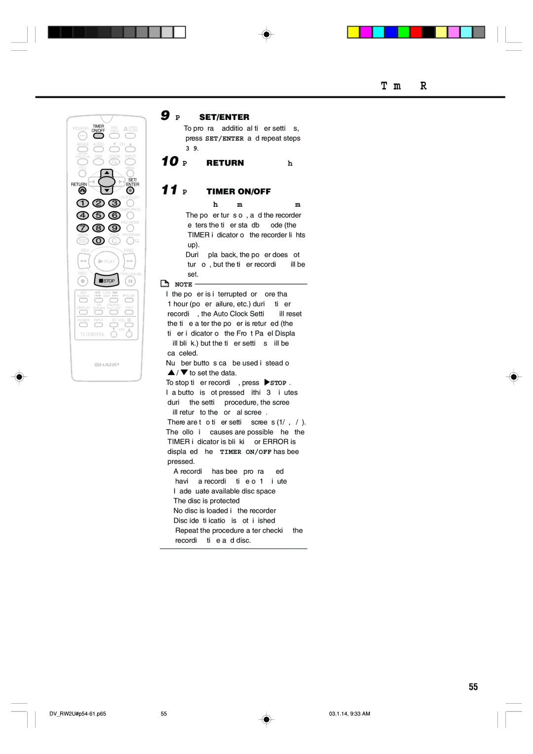 Sharp DV-RW2U manual Timer Recording, Press SET/ENTER 