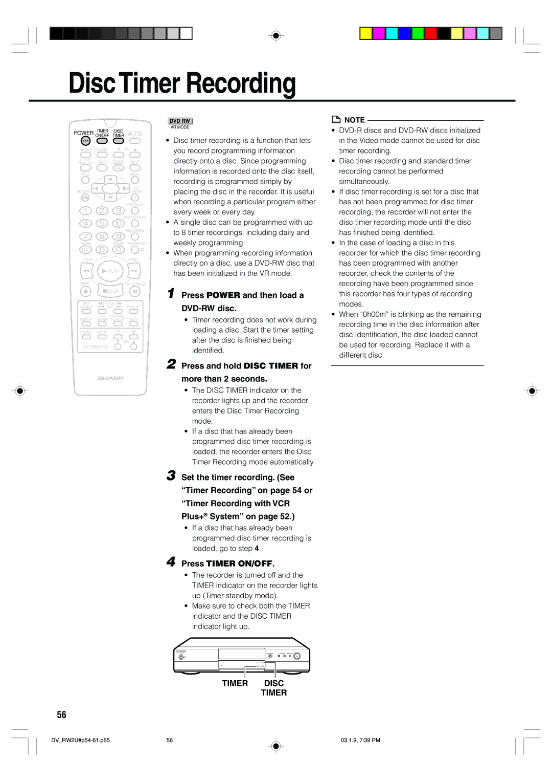 Sharp DV-RW2U manual Disc Timer Recording, Press Power and then load a DVD-RW disc, Press Timer ON/OFF, Timer Disc Timer 