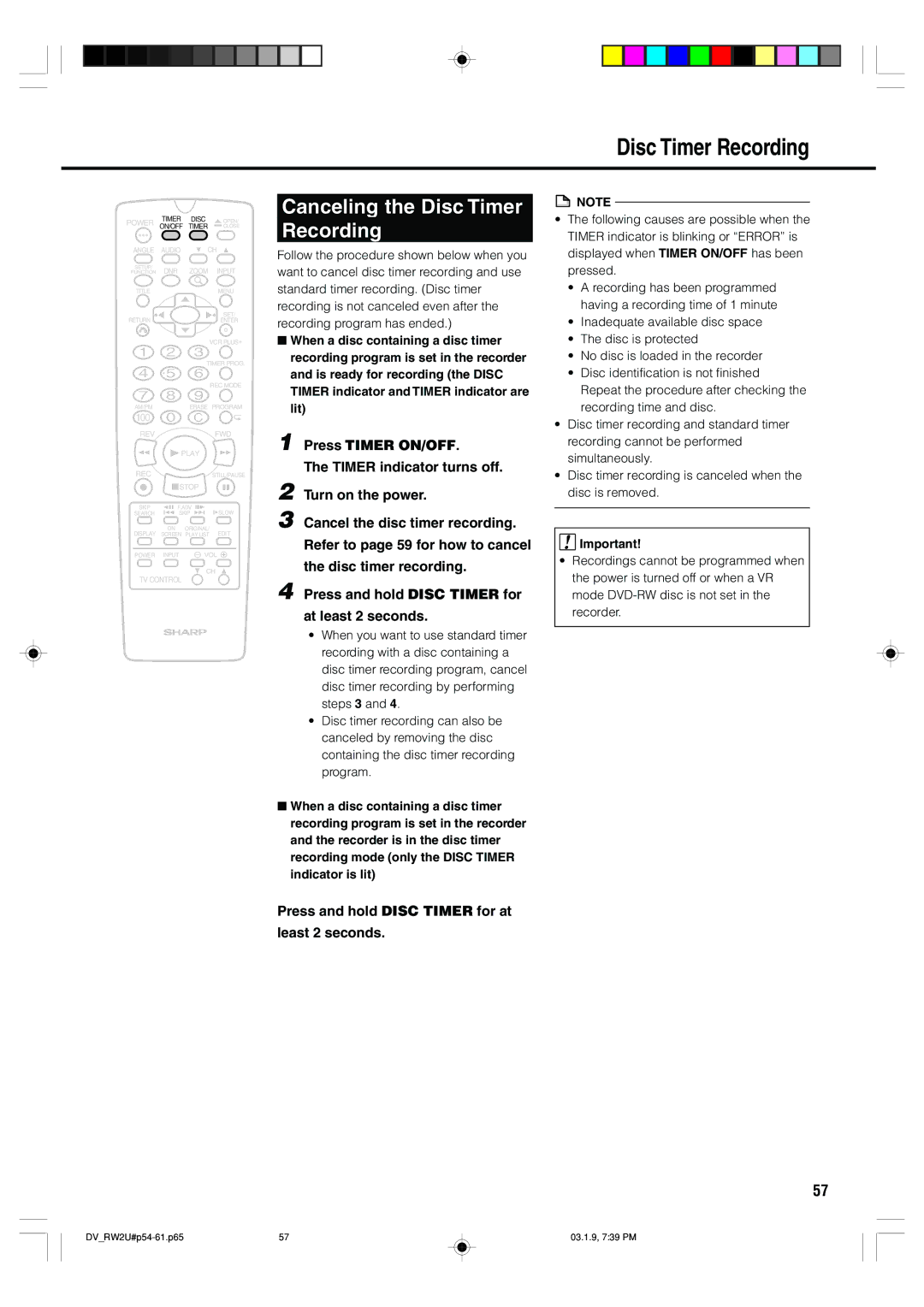 Sharp DV-RW2U manual Canceling the Disc Timer Recording 