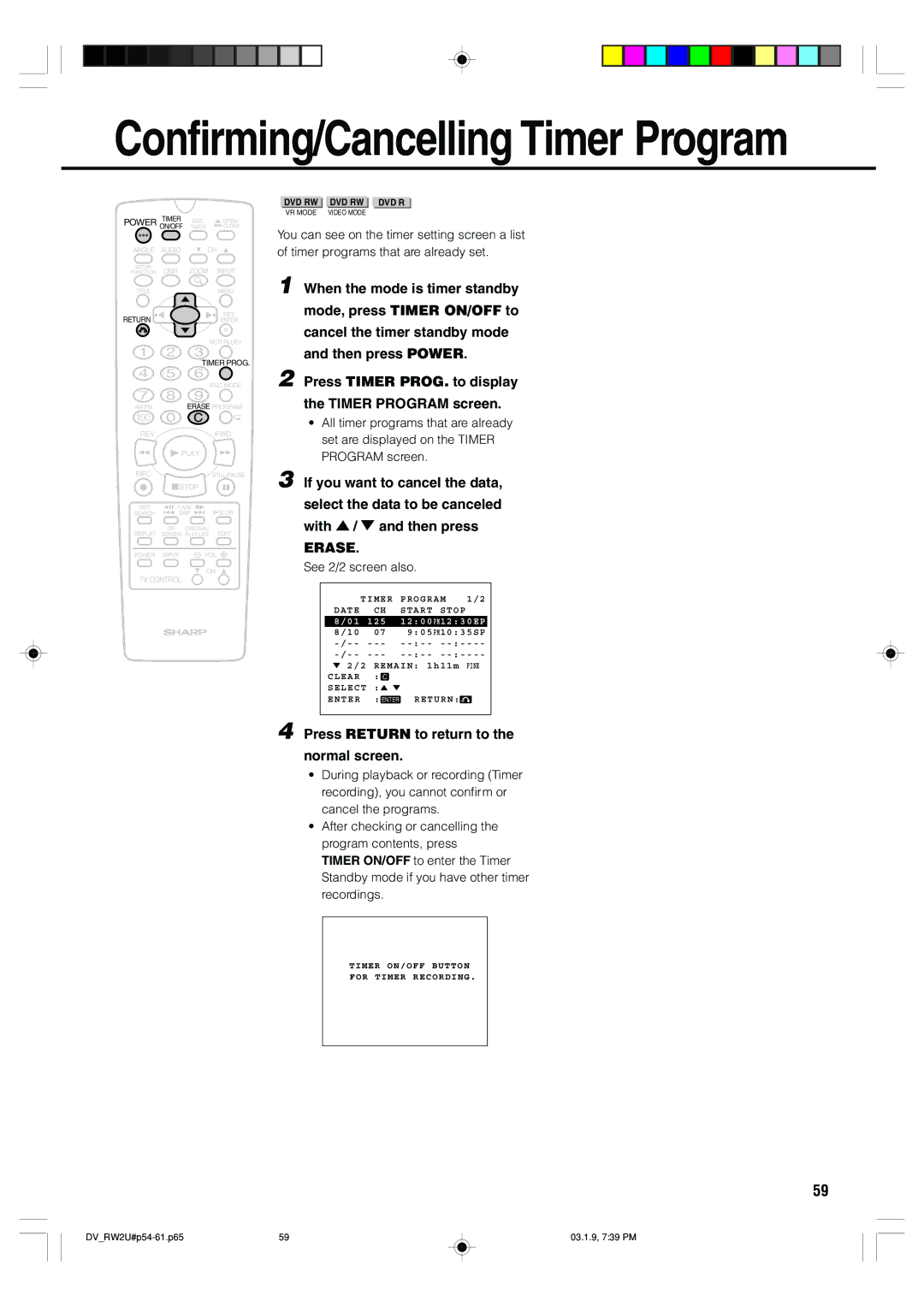 Sharp DV-RW2U manual Erase, See 2/2 screen also 