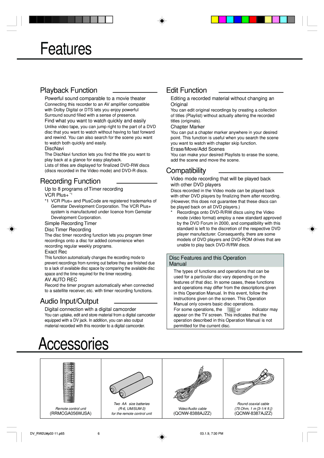 Sharp DV-RW2U manual Features 