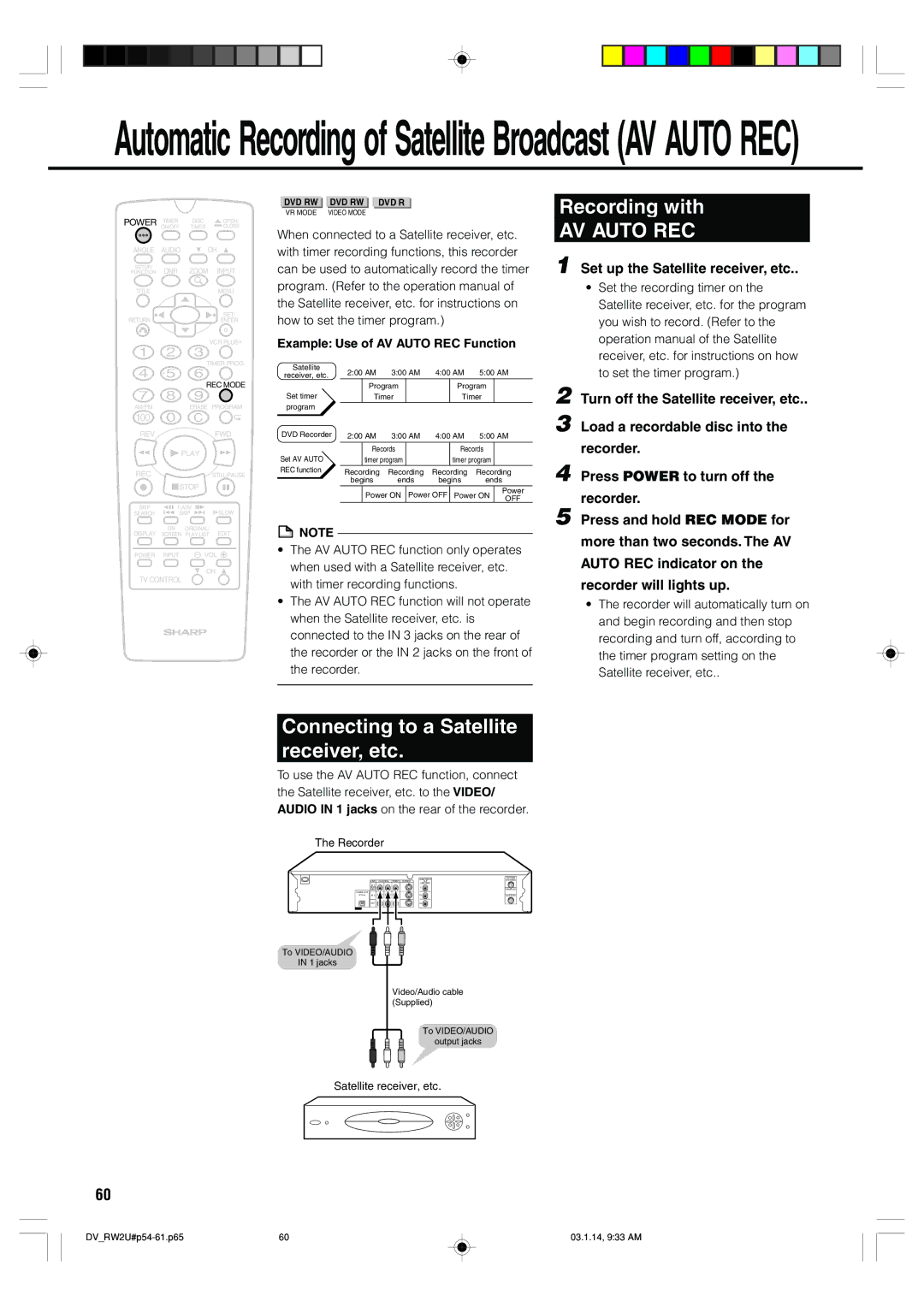 Sharp DV-RW2U manual Recording with, Connecting to a Satellite Receiver, etc, Example Use of AV Auto REC Function 