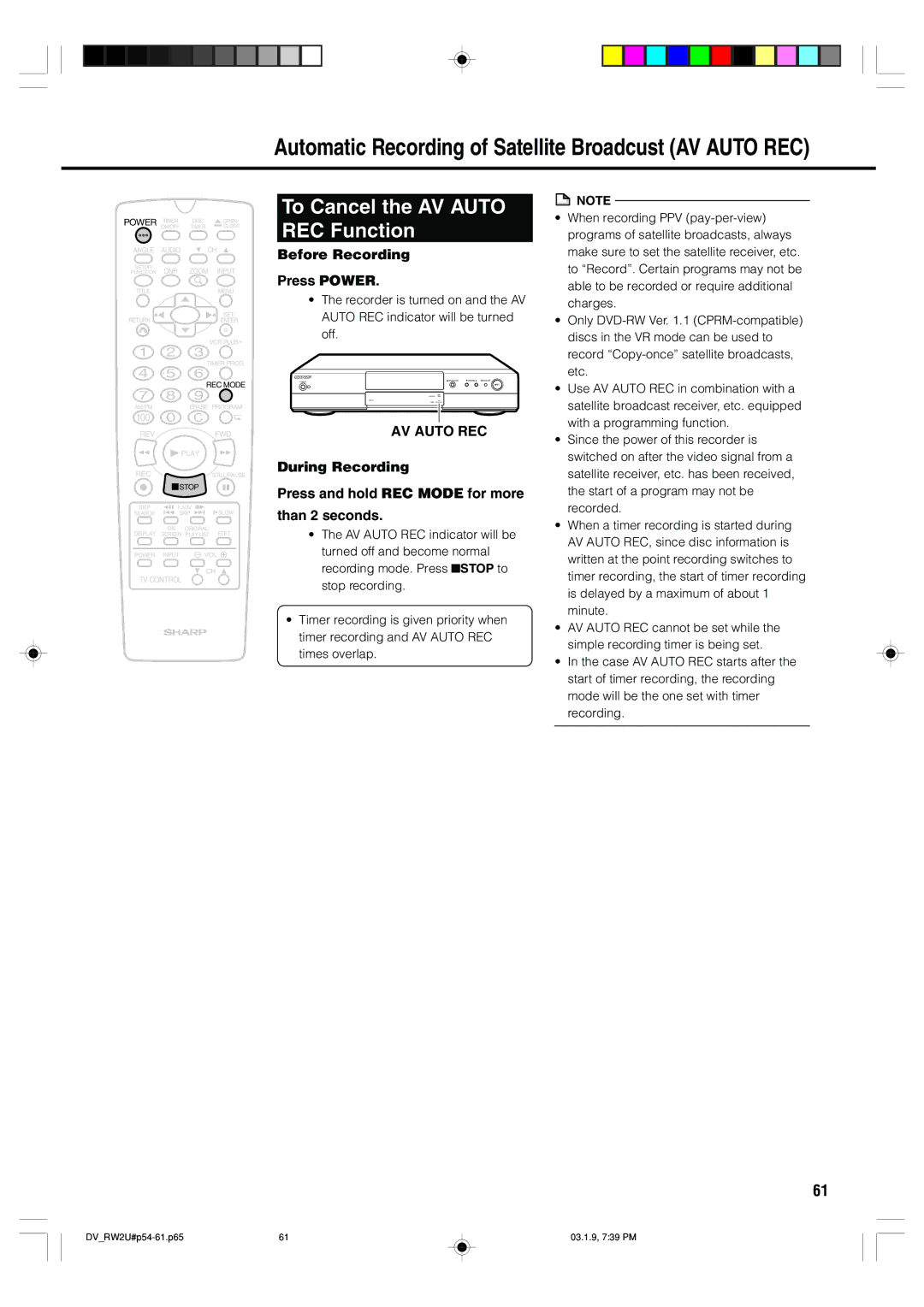 Sharp DV-RW2U manual To Cancel the AV Auto REC Function, Before Recording Press Power 