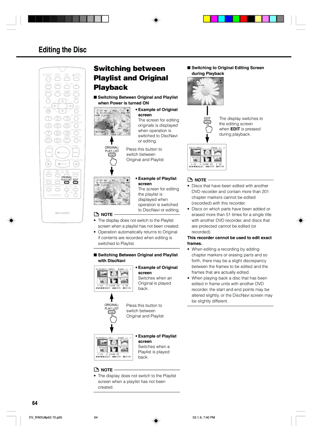 Sharp DV-RW2U manual Editing the Disc, Switching between Playlist and Original Playback 