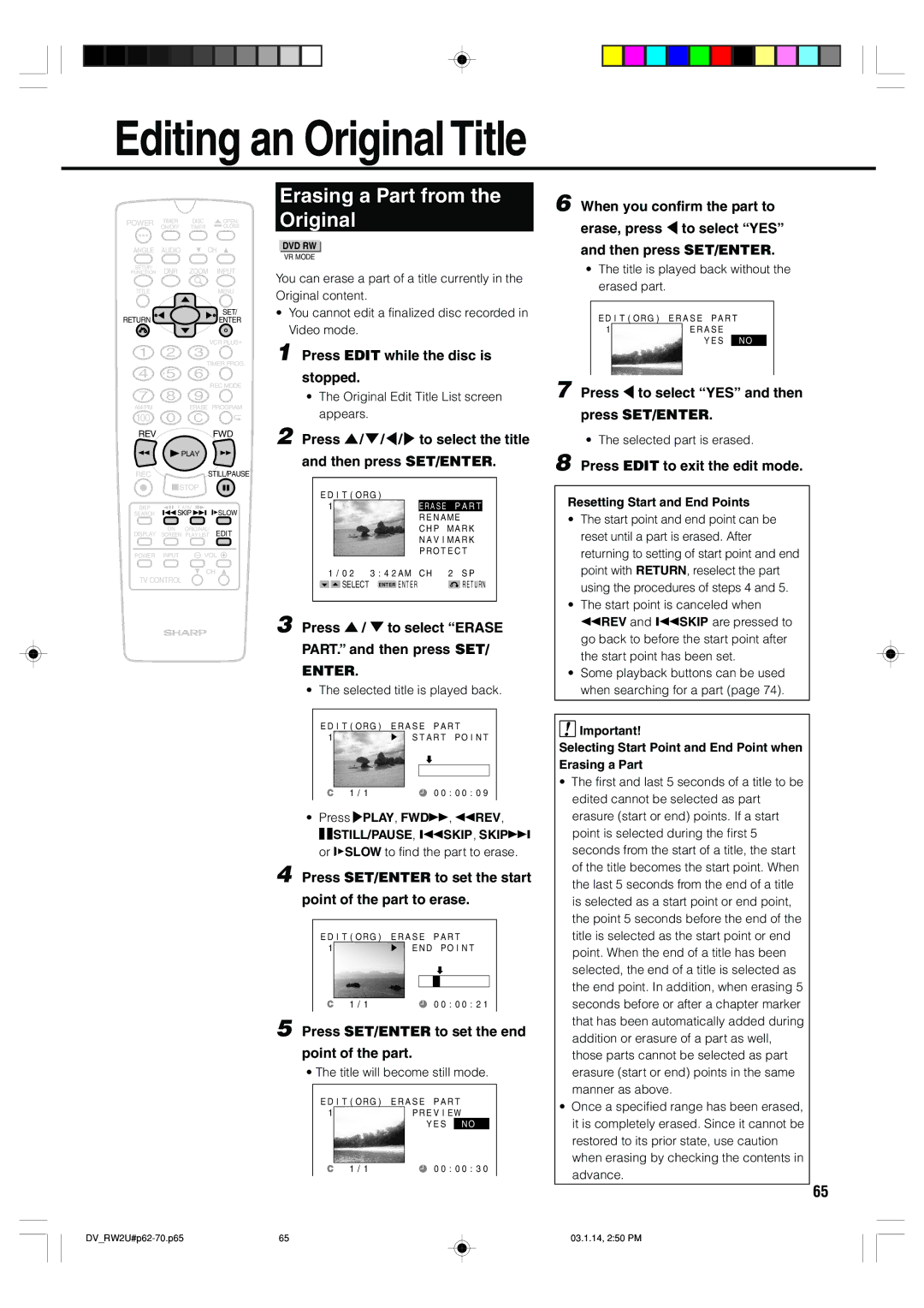 Sharp DV-RW2U manual Editing an Original Title, Erasing a Part from Original 