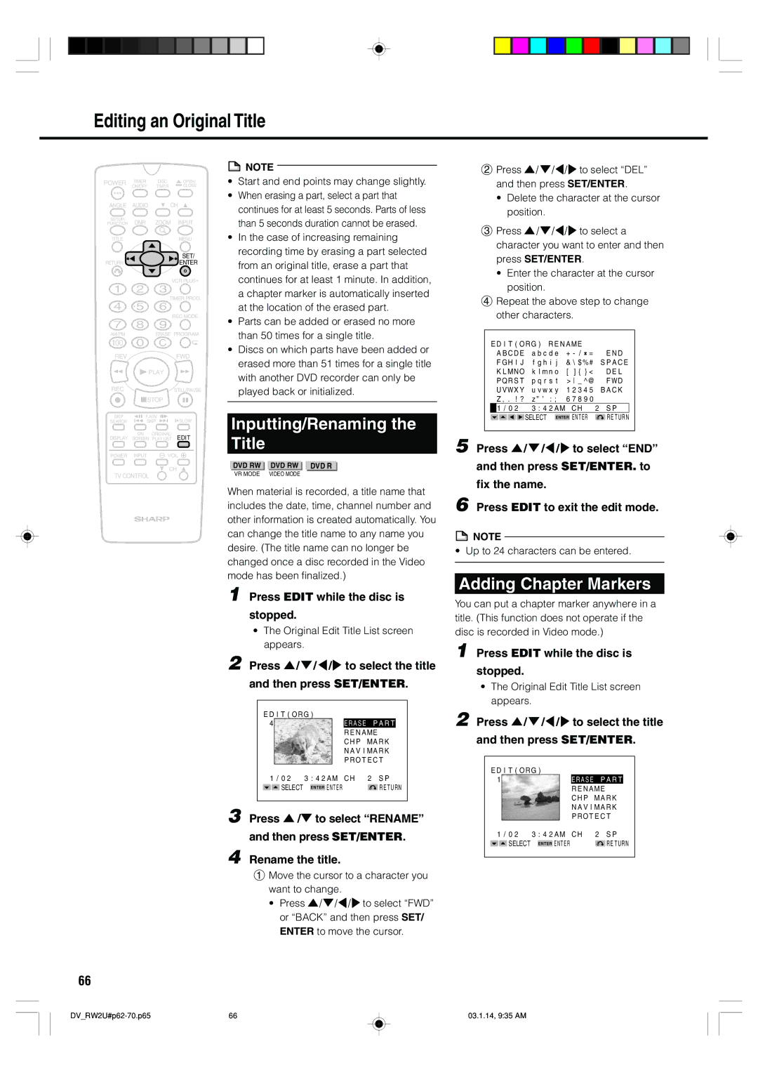 Sharp DV-RW2U manual Editing an Original Title, Inputting/Renaming Title, Adding Chapter Markers 